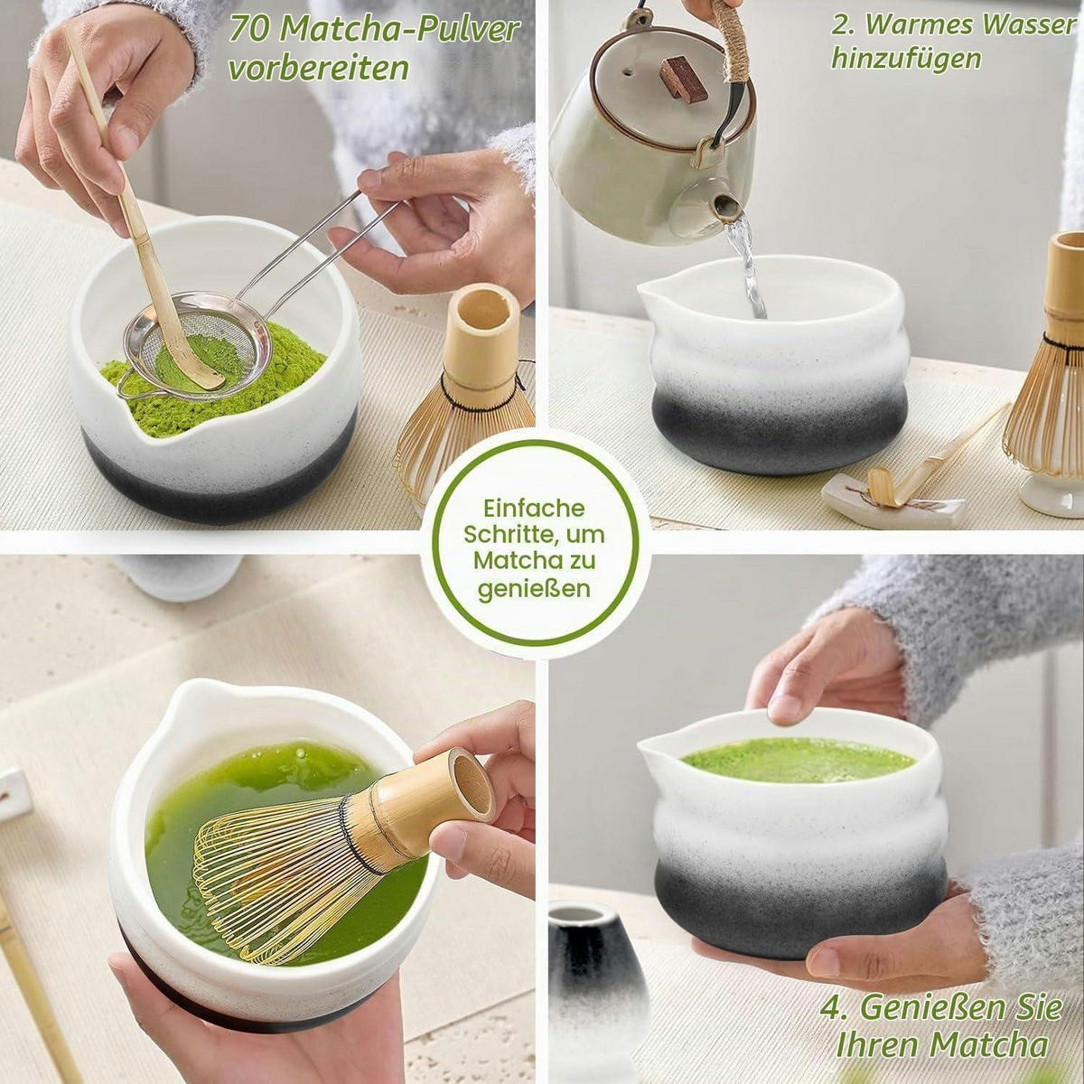 MATCHA Set 5-teiliges Set mit Schale, Besen und Löffel - Schwarz, Keramik (18.2/12.7/20.5cm)