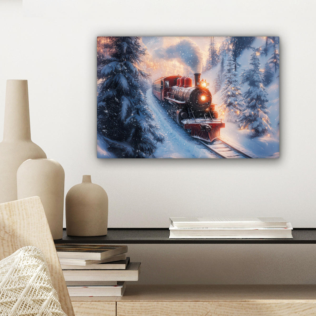 LEINWANDBILD Weihnachtszug - Schnee - Winter - Weihnachten Deko Schlafzimmer 30x20 cm - Dunkelrot, Textil (30/20cm) - MuchoWow