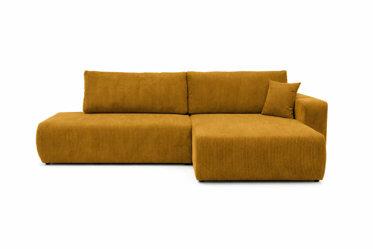 ECKSOFA Mit Schlaffunktion Und Bettkasten, Cordstoff Poso, Senffarbe, Rechts, OPEN XL - Gelb, Holz (262/145cm) - Kaiser Möbel