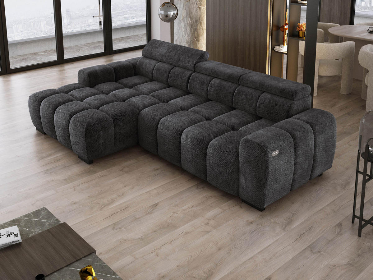 ECKSOFA OMBO 285x168x77/97 cm, Links, Schlaffunktion, elektr. Sitz, Kopfstützen, hydrophober EDEN-Stoff – Schwarz - Schwarz, Holz/Textil (168/285cm) - DomoHome