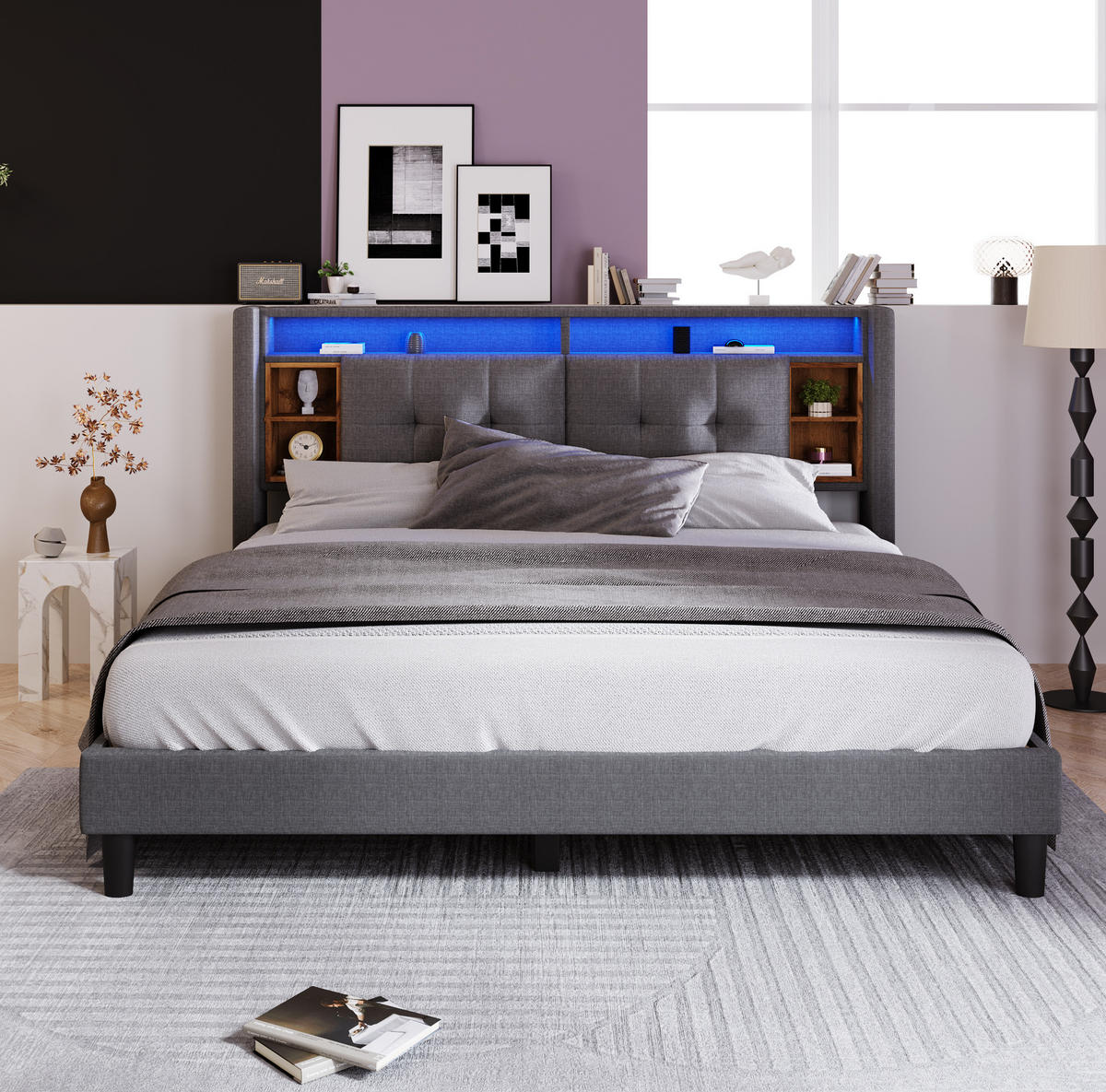 POLSTERBETT aus Massivholz 160x200 cm in Grau mit Matratze & LED - Grau, Holz (160/200cm) - Modfu