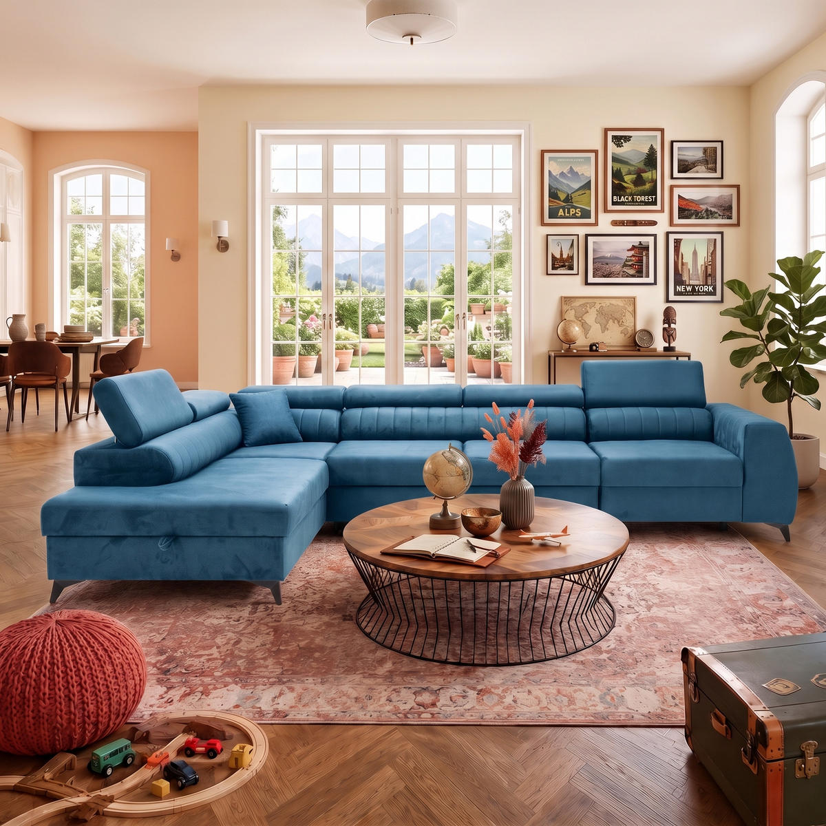 ECKSOFA PIERO MAXI Links mit Schlaffunktion 195x125 Velours Blau - Blau/Schwarz, Holz/Textil (350/203cm) - Muffo