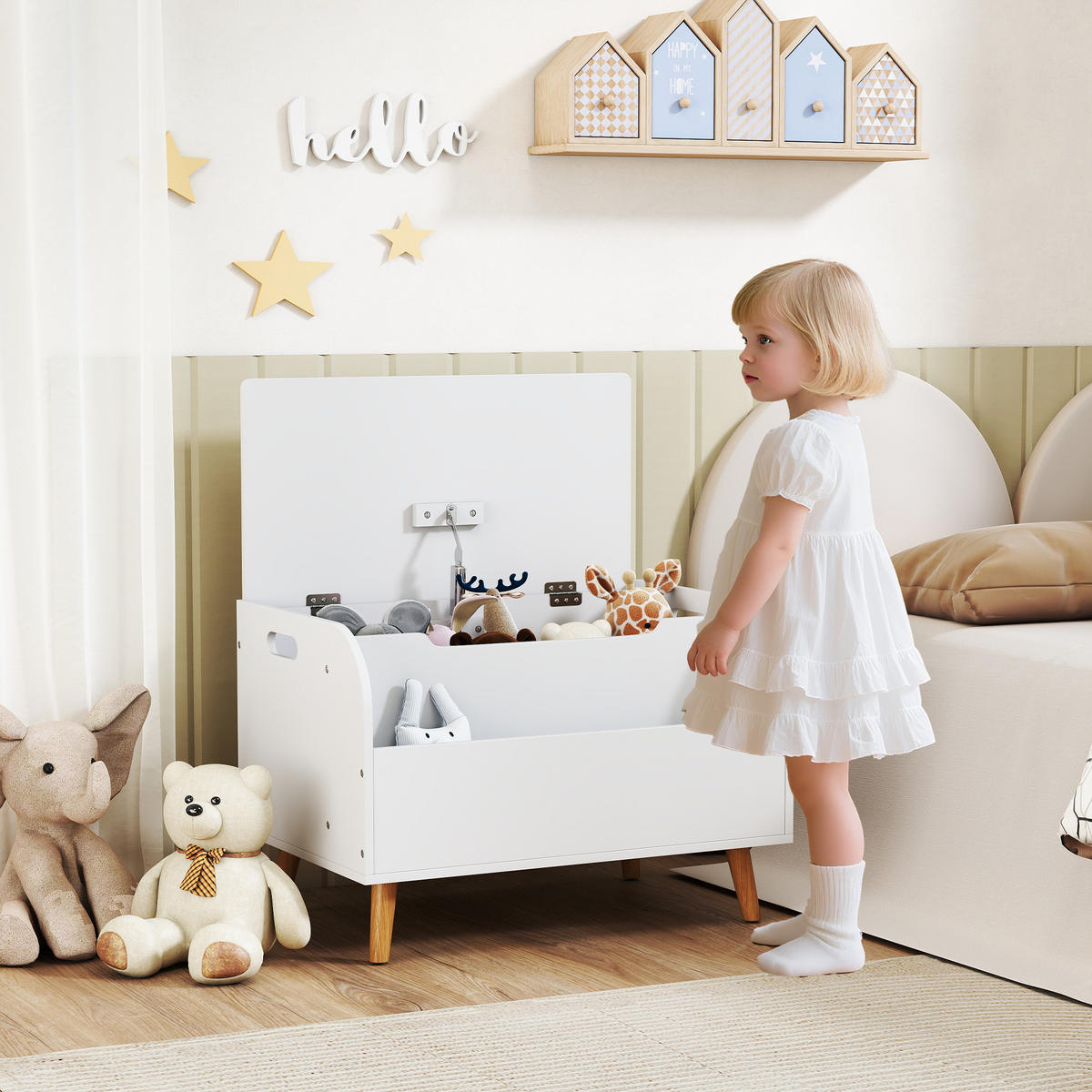 SPIELZEUGTRUHE DE-17281 2-in-1 mit Bücherregal & Sicherheitsscharnier Weiß - Weiß, Holzwerkstoff (40/60cm) - ComfortXL