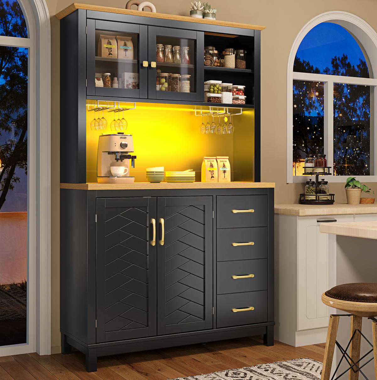 BUFFETSCHRANK 105,5/40/180 cm mit LED-Lichtleiste, viel Stauraum und Anti-Kipp-Sicherung, Schwarz - Schwarz, Holzwerkstoff (105.5/180/40cm) - Redom