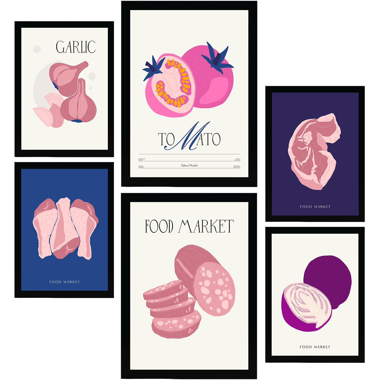 POSTER Set Mit 6 Lebensmittel Und Ernährungs Rosa Essen Natur Und Botanikdrucke Für Innenarchitektur A3 & A4 Schwarzer Rahmen - Schwarz, Papier (29/3cm) - Nacnic
