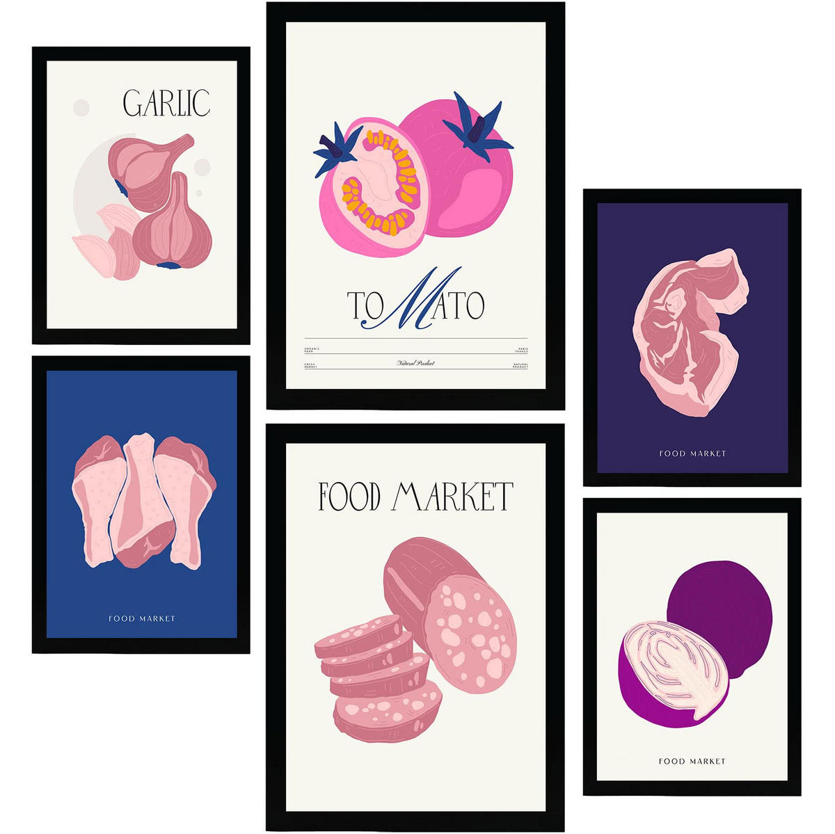 POSTER Set Mit 6 Lebensmittel Und Ernährungs Rosa Essen Natur Und Botanikdrucke Für Innenarchitektur A3 & A4 Schwarzer Rahmen - Schwarz, Papier (29/3cm) - Nacnic