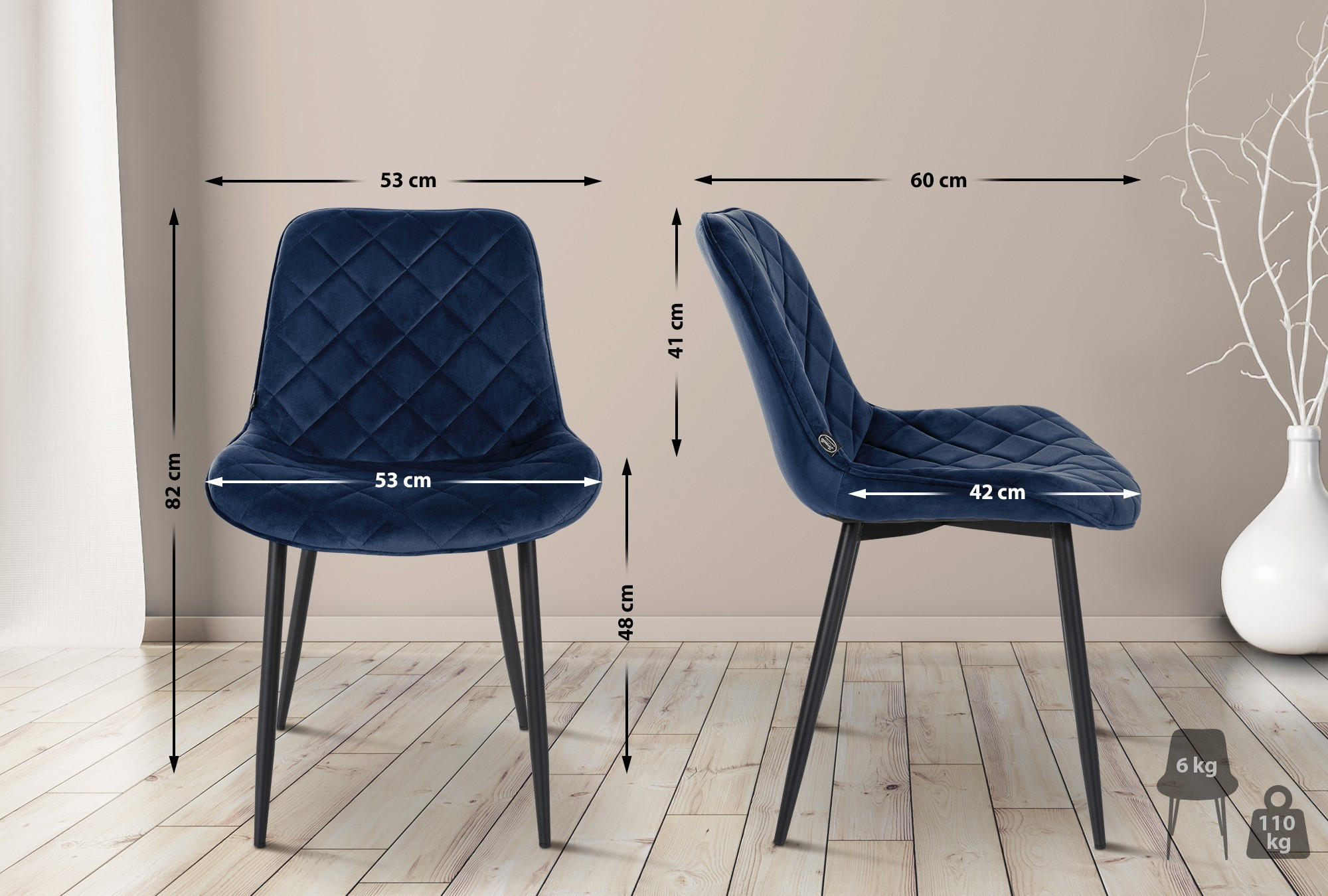 STUHL Samt Blau - Blau/Schwarz, Textil/Metall (53/82/60cm) - CLP