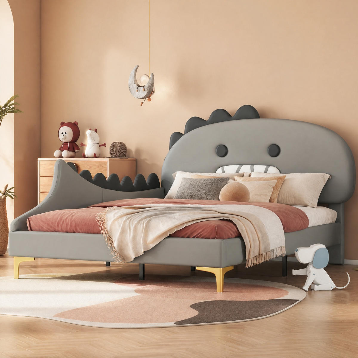 KINDERBETT 140/200 mit Cartoon-Dinosaurier-Design,PU und MDF für Kinder in Grau - Grau, Holzwerkstoff/Textil (140/200cm) - EVRYAE
