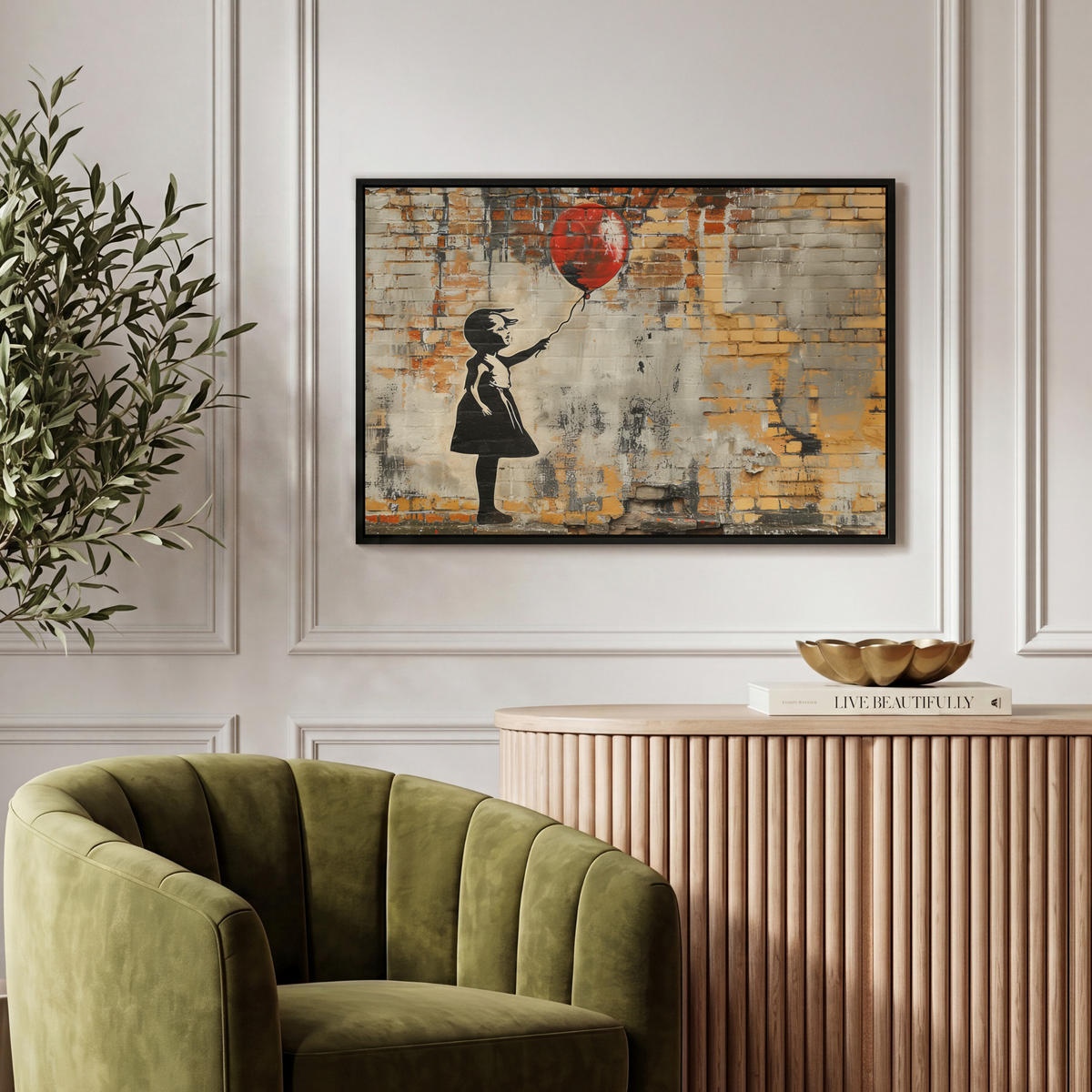 LEINWAND Bilder mit Rahmen - Graffiti - Banksy - Mädchen - Straßenkunst - 60x40 - Sandfarben, Textil (60/40cm) - MuchoWow