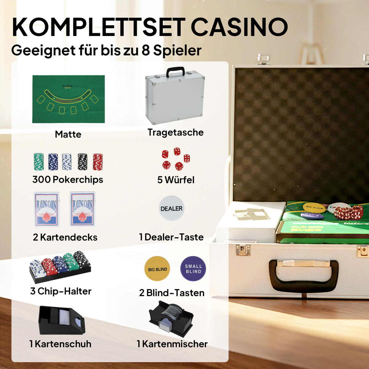 POKERSET DE-10830 300 Chips & Kartenmischer für 8 Spieler Silber - Silberfarben, Metall (30/36cm) - ComfortXL