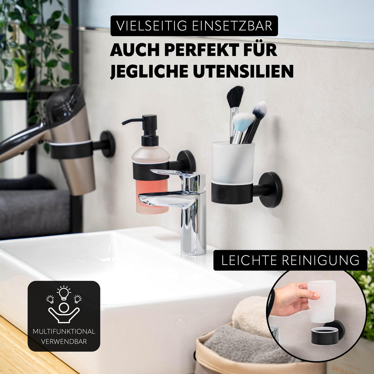 GLASBECHERHALTER PIAZZA BLACK mit Kleber, Glas und Edelstahl, schwarz - Schwarz, Metall (6.5/9.5/11cm) - bremermann