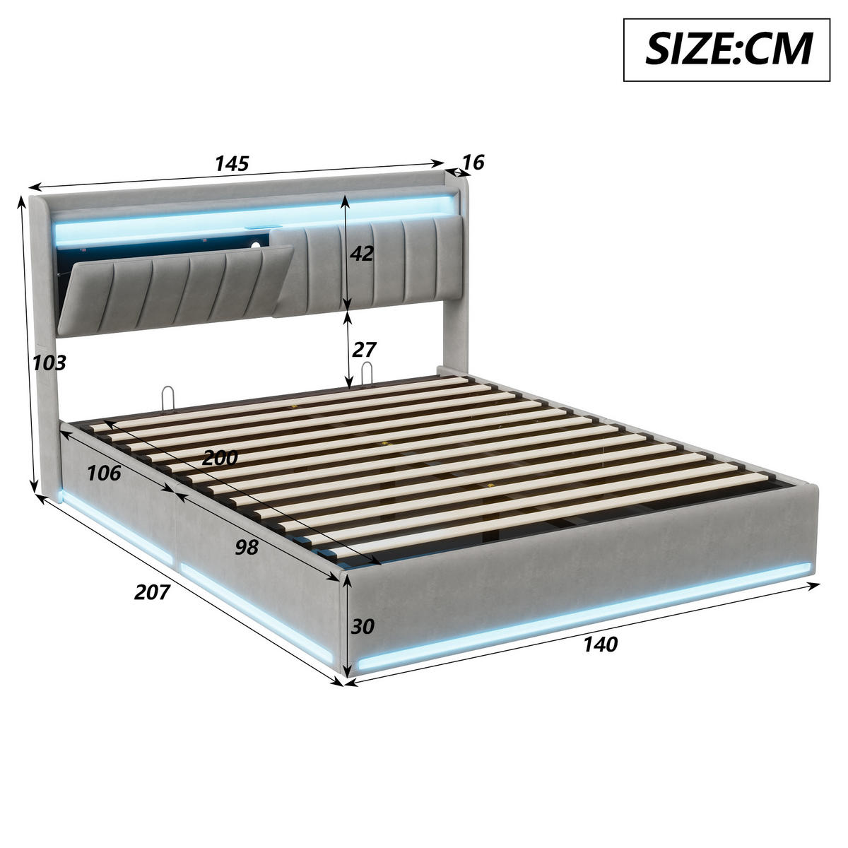 POLSTERBETT 140x200 cm mit LED, USB Und Type-C, Doppelbett mit Bettkasten 140x200, Stauraum, Grau Samt - Grau, Textil/Metall (140/200cm) - GENKI LIVING