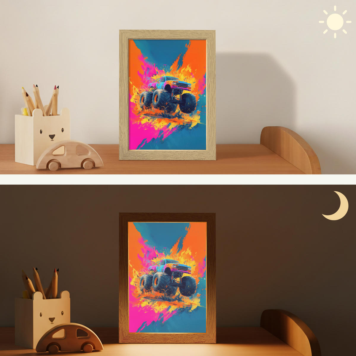 NACHTTISCHLAMPE Monstertruck - Abstrakt - Farbspritzer - Farbenfroh 15x20 cm - Pink, Holzwerkstoff (8/15/20cm)