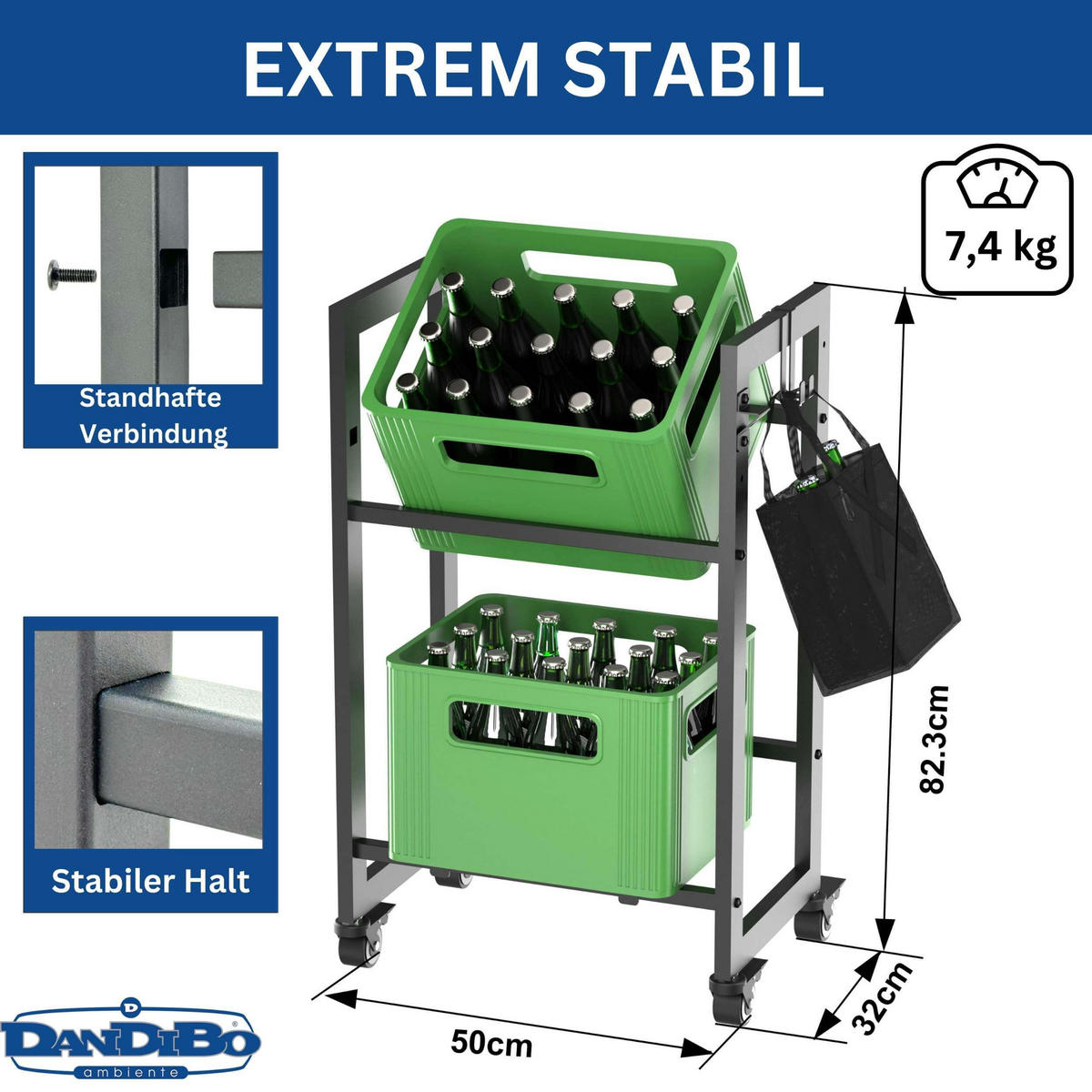 GETRÄNKEKISTENREGAL 2 Kisten mit Gitter Haken Rollen Schmal Metall Schwarz - Schwarz, Metall (50/82/32cm) - DanDiBo