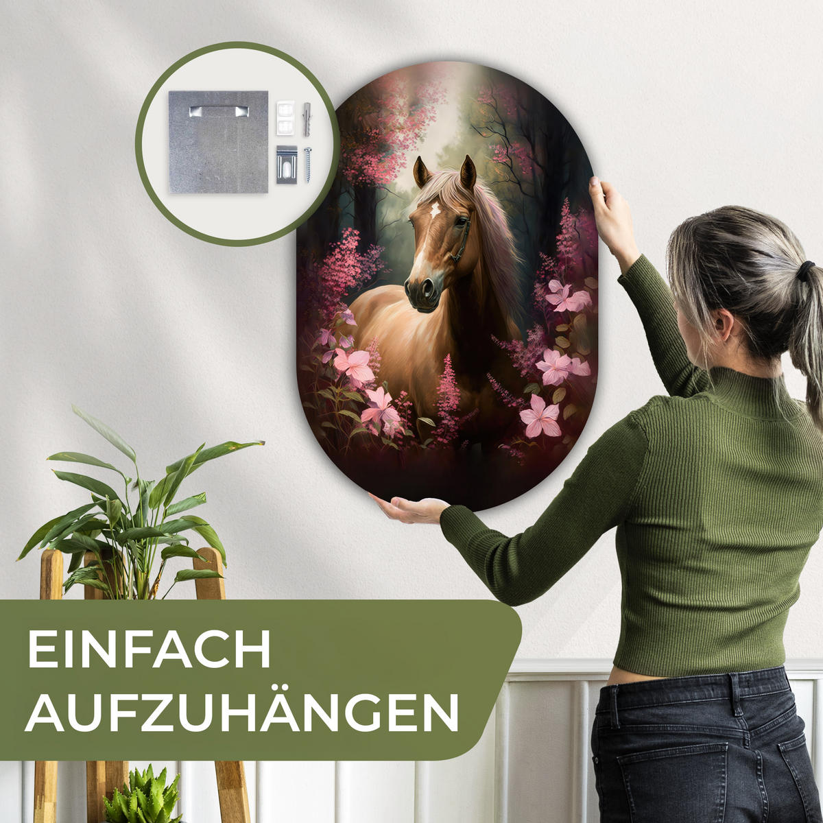 WANDBILD Pferd - Blumen - Rosa - Natur - Wald 60x90 cm - Altrosa, Kunststoff (60/90cm) - MuchoWow