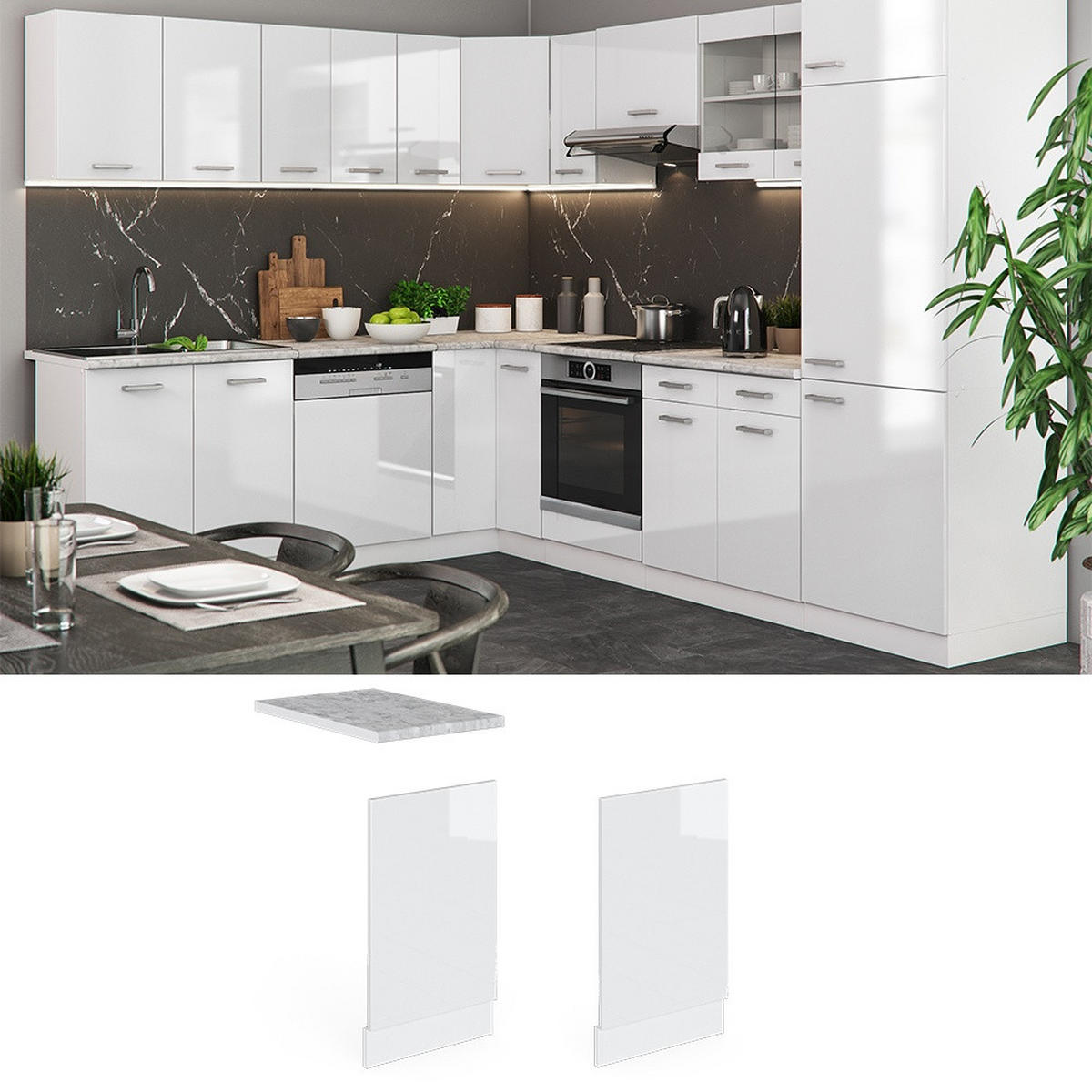 FRONTBLENDE R-Line Weiß Hochglanz 45 cm , AP Marmor - Weiß Hochglanz/Weiß, Holzwerkstoff (45/57.2/1.6cm) - Vicco