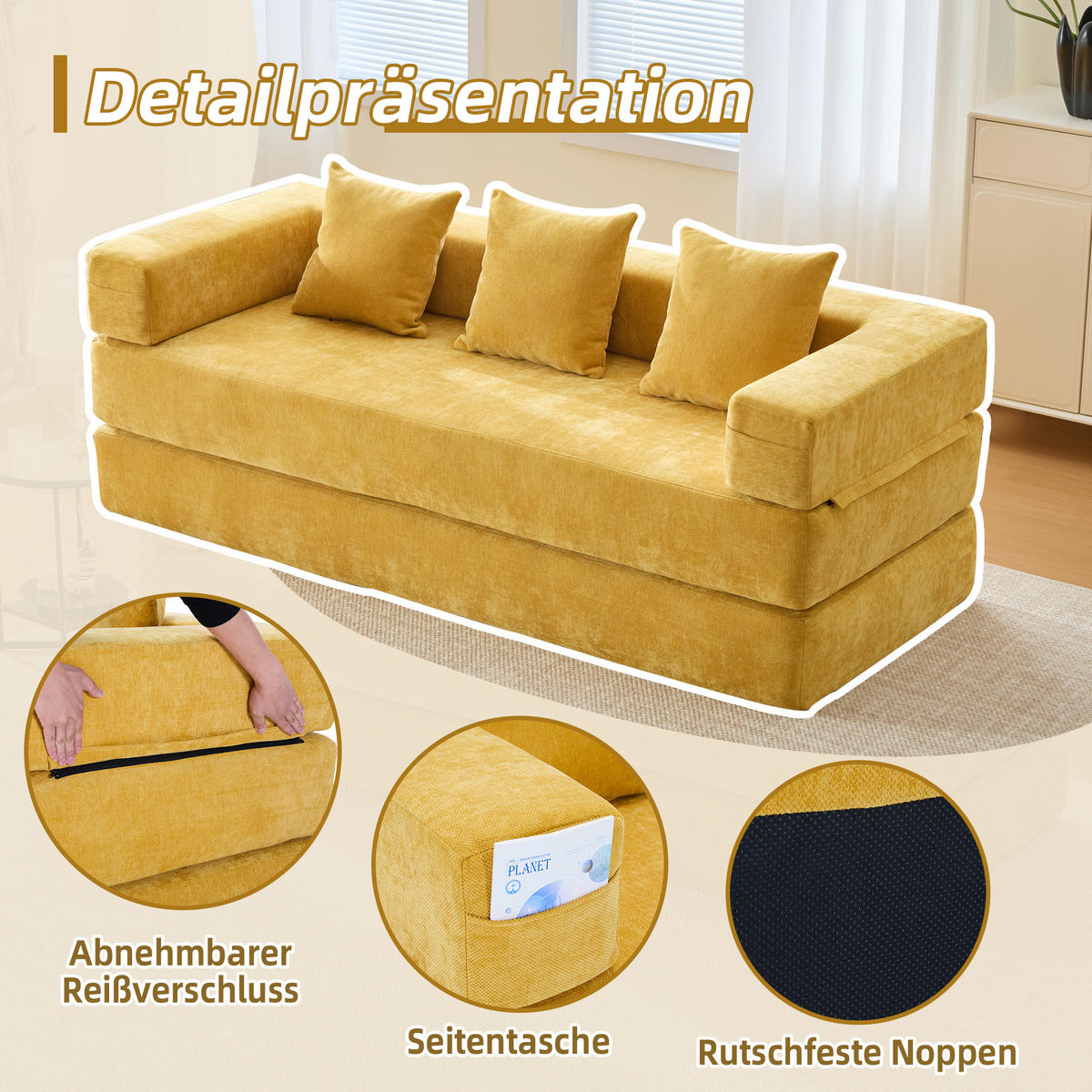 SCHLAFSOFA 198/79/60 cm Senfgelb mit Aufbewahrungstaschen - Gelb, Textil (198/60/79cm) - Oxeza