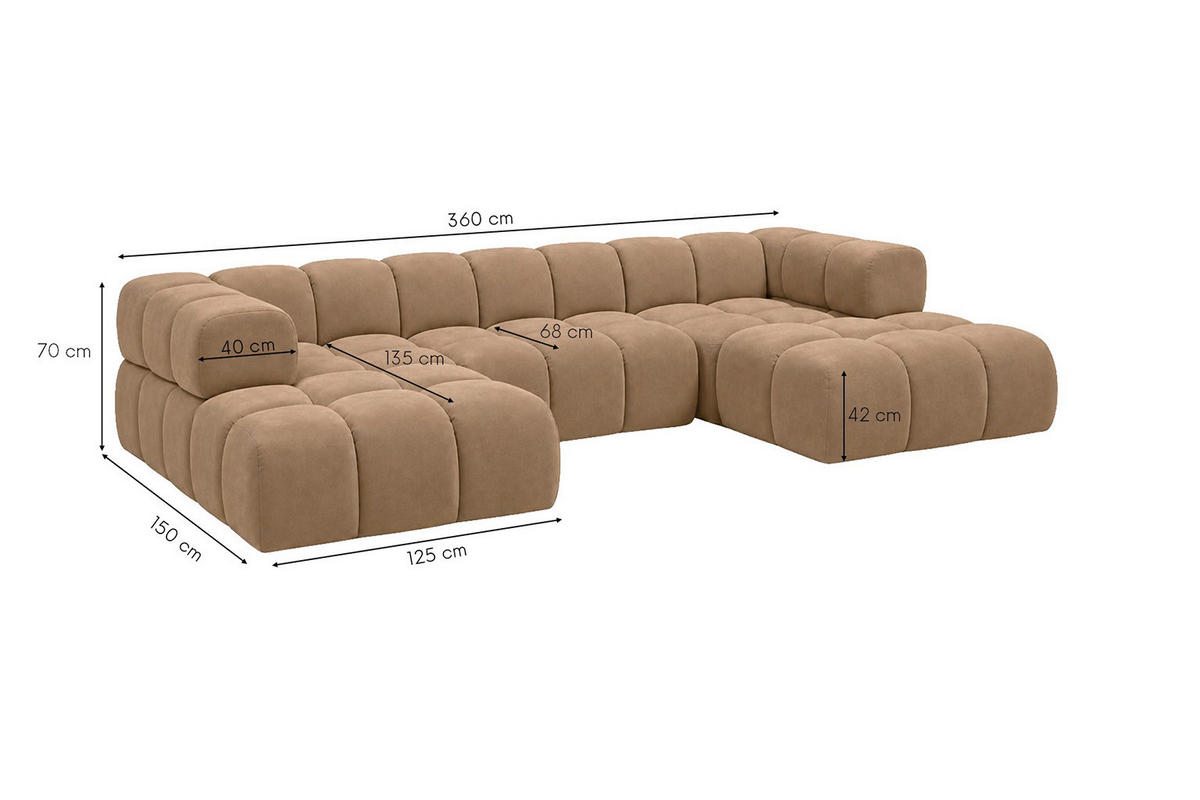 ROHOVÁ SEDAČKA ve tvaru U, velurová tkanina Bluvel, Latte, Averro U - kapučínová, dřevo (360/70/150cm) - Kaiser Möbel