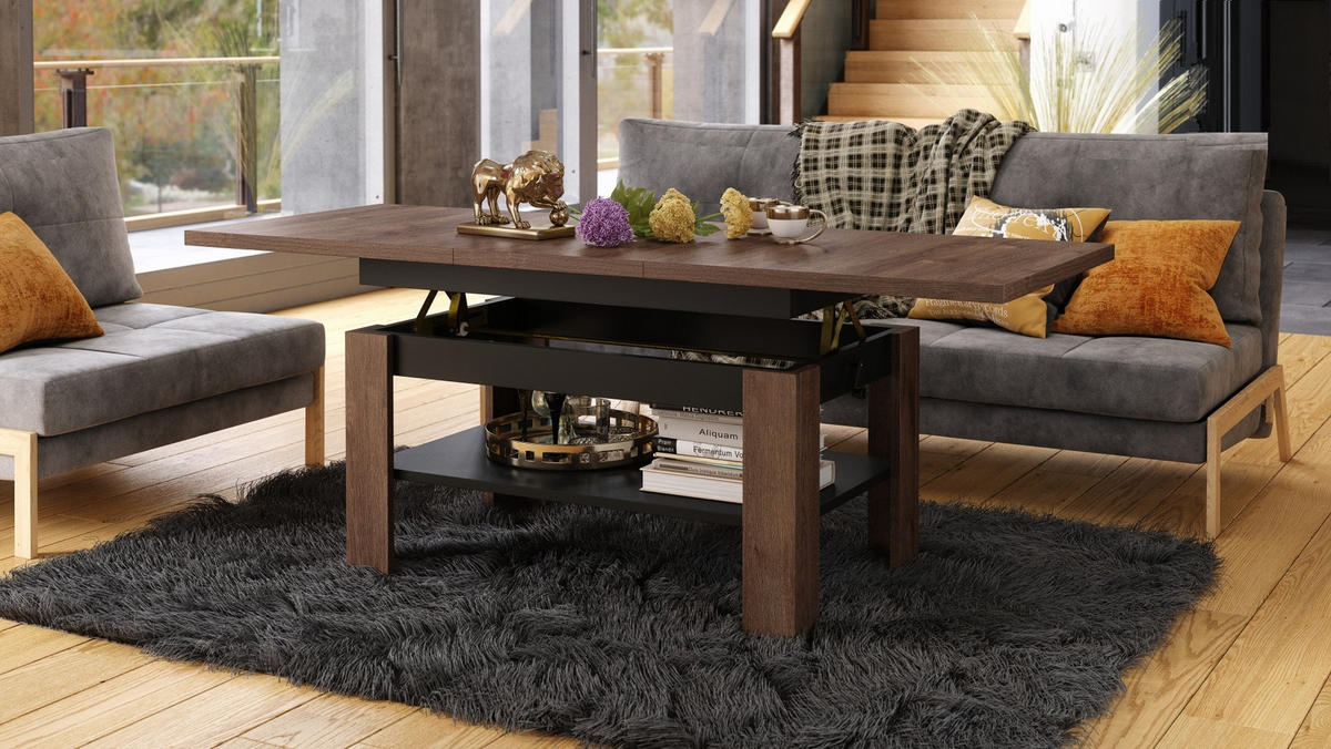 COUCHTISCH rechteckig Eiche dunkel - Schwarz ausziehbar höhenverstellbar - Schwarz/Braun, Holzwerkstoff (65/130/58cm) - designimpex