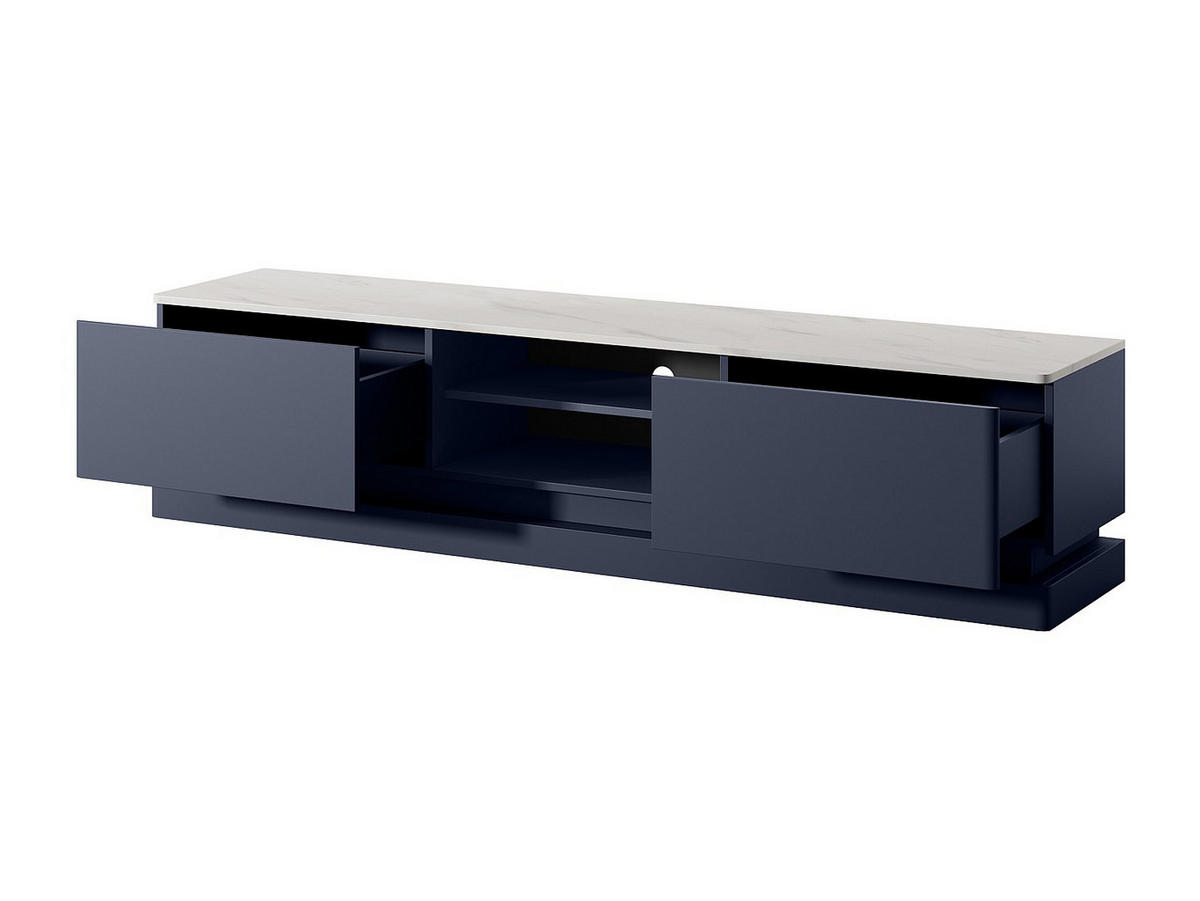 TV-MÖBEL mit 2 Schubladen & 2 Ablagefächer + LED-Beleuchtung - MDF - Blau & Marmor-Optik Weiß - DEVIKA - Blau, Holz (190/44/40cm) - Vente-Unique