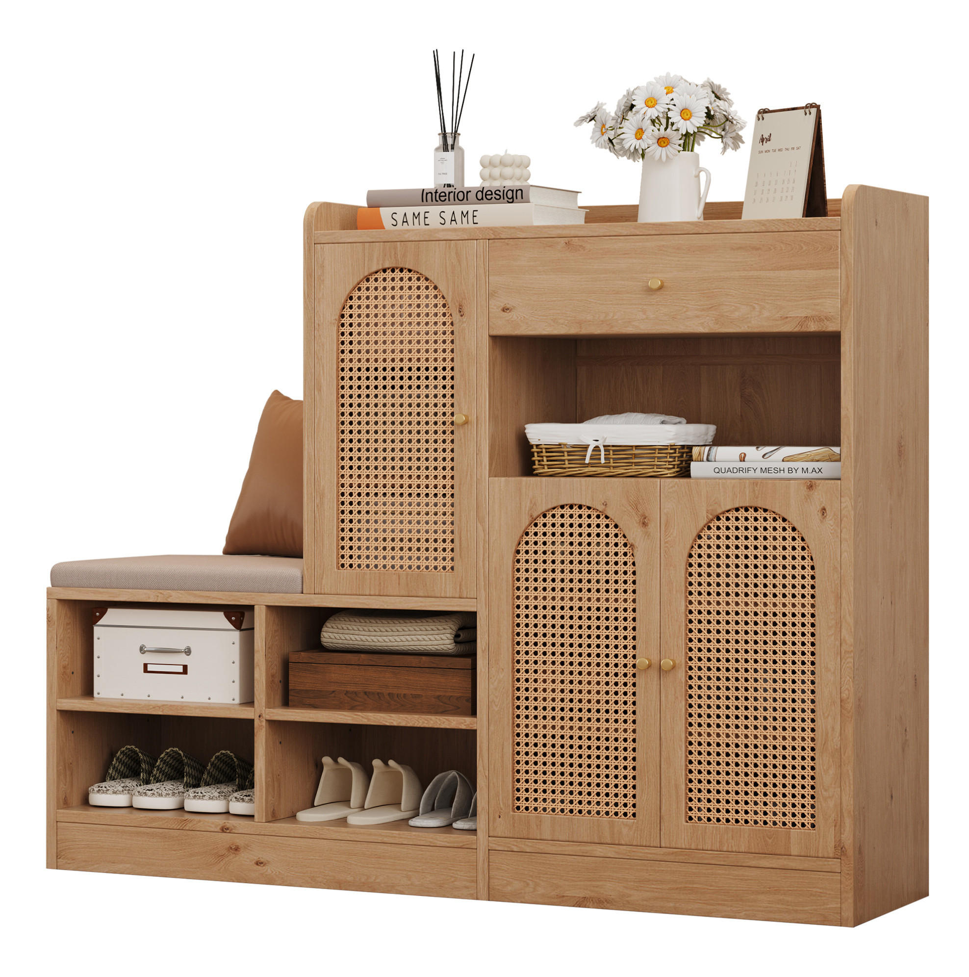 SCHUHSCHRANK aus Spanplatte 142x35x110cm in Natural mit Sitzbank - Naturfarben, Holzwerkstoff (142/110/35cm) - Modfu