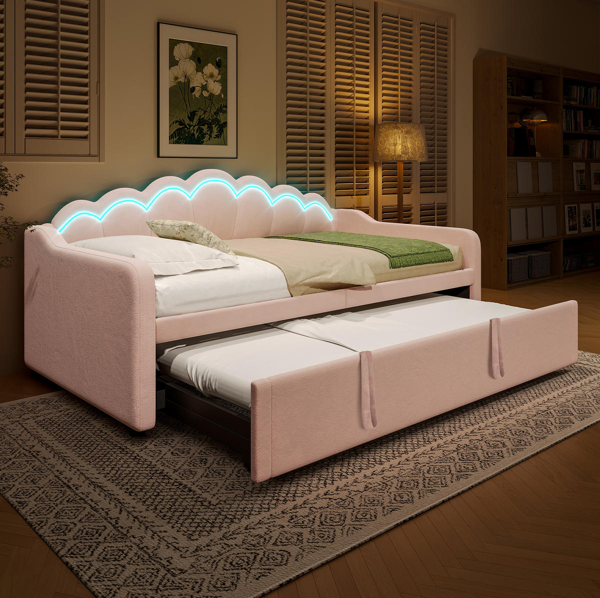 AUSZIEHBETT 90/180x200 cm aus Samt in Rosa mit LED-Beleuchtung - Rosa, Textil (90/200cm) - Flora Grace