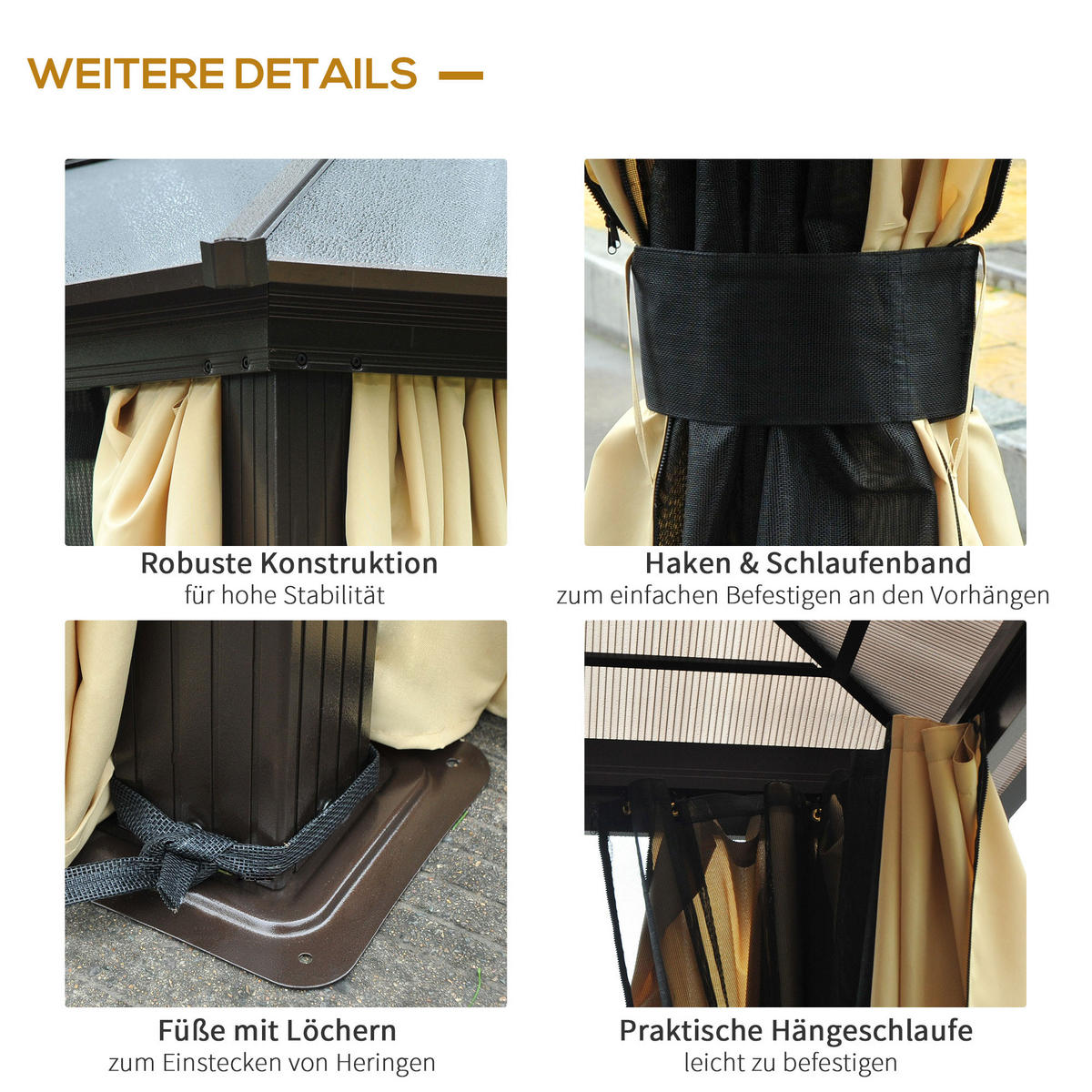PAVILLON, Schwarz+Braun+Beige, Polyestergewebe(außen), Moskitonetz(innen) - Schwarz, Kunststoff (360/275/420cm) - Outsunny