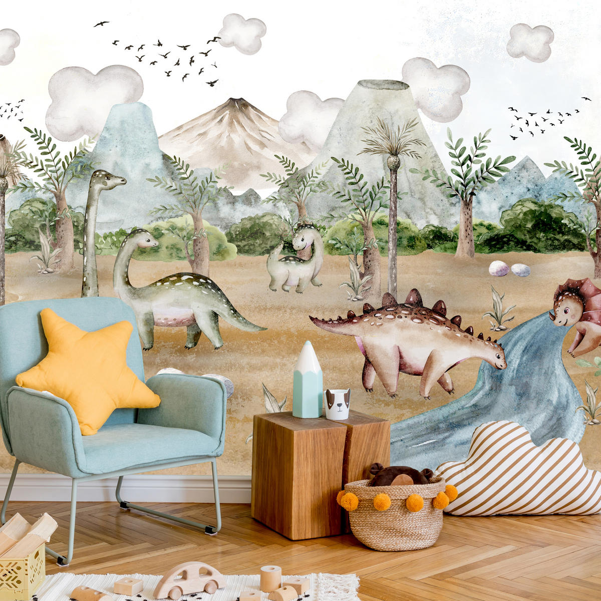 FOTOTAPETE für Kinderzimmer Dinosaurier Welt Vulkane Aquarell Tropische Bäume 350x256 - Blau/Beige, Papier (350/256cm) - Muralo