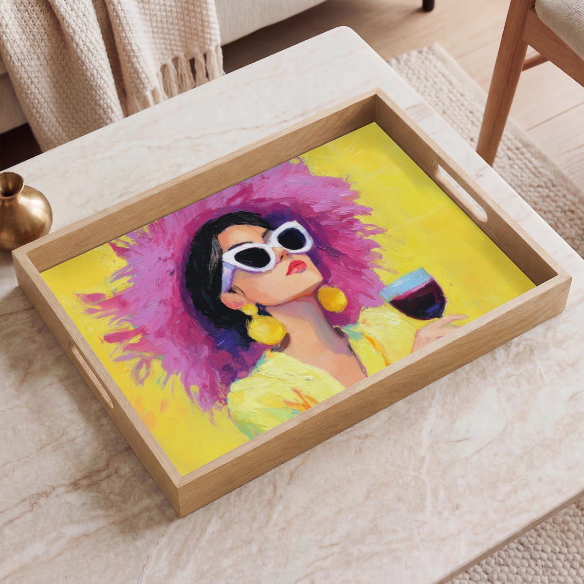 SERVÍROVACÍ PODNOS Žena - Klobouk - Fialová - Víno 50x35 cm - žlutá, dřevo (50/5/5cm) - OnlyWow