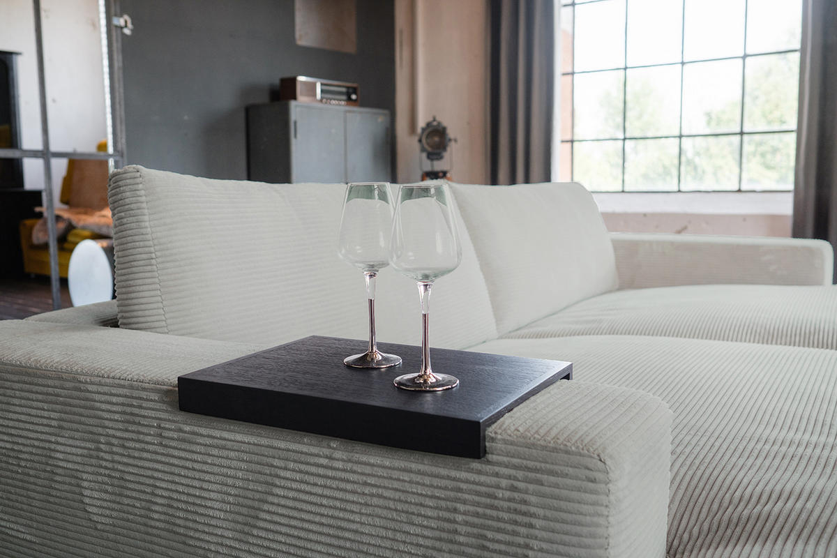 BIG SOFA-SET MIT TABLETT SCHWARZ MADELINE Hellgrau Cord - Hellgrau/Schwarz, Kunststoff/Textil (290/85/170cm) - KAWOLA