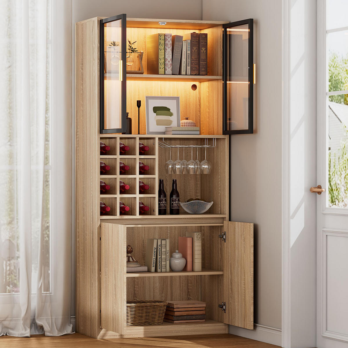 VITRINE mit Weinregal und LED - Hellbraun, Glas/Holzwerkstoff (40/180/80cm) - Urban Meuble