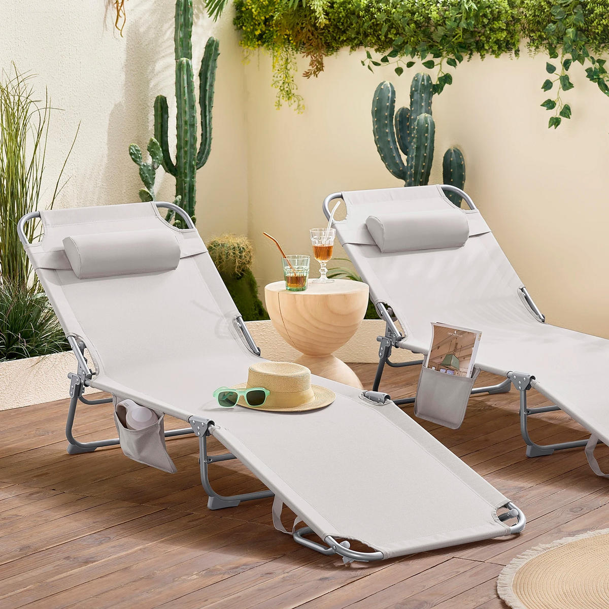 GARTENLIEGE 2er-Set Beige mit Tasche & Kopfkissen - Beige, Textil/Metall (195/58cm) - Kaket