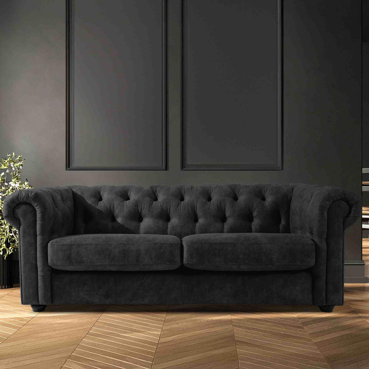 3-SITZER-SOFA GRAVO Chesterfield, Kunstleder - Wengefarben/Anthrazit, Leder/Holz (202/72/95cm) - KONSIMO®