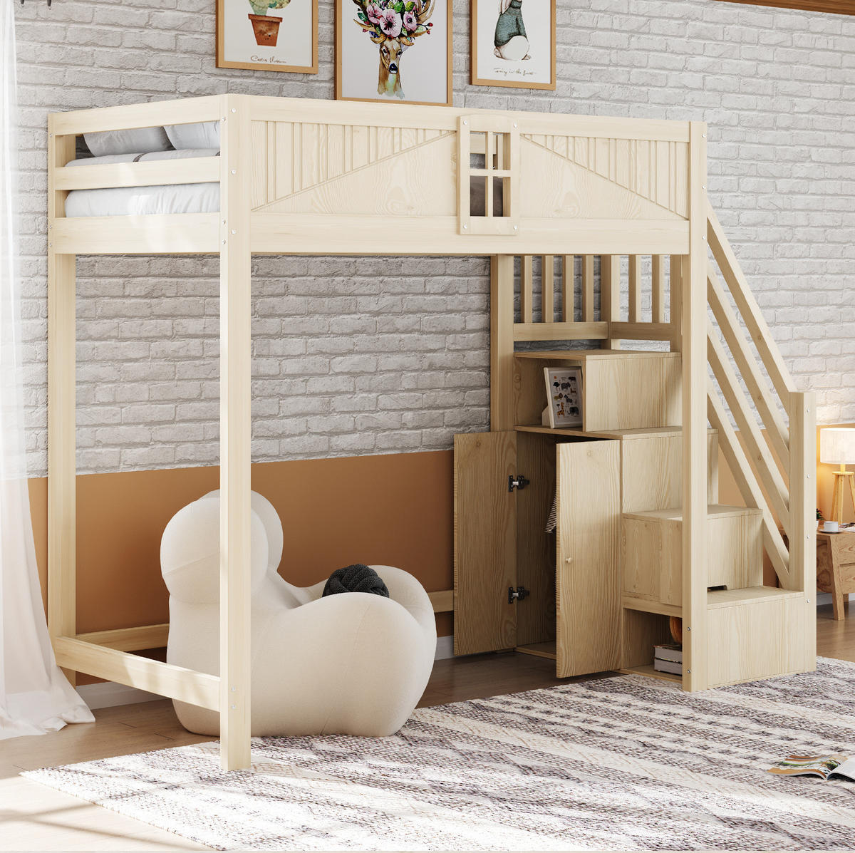 HOCHBETT 90/200 cm aus Massivholz in Naturfarben – mit Leiter, Stauraum und Rausfallschutz - Naturfarben, Holzwerkstoff (90/200cm) - BEAOK