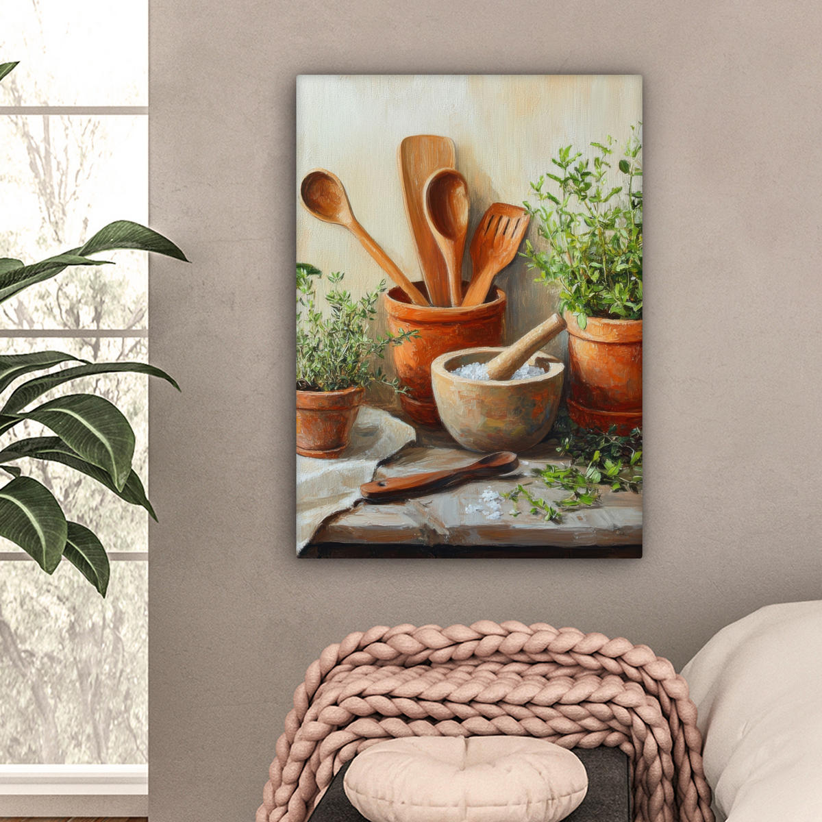 LEINWANDBILD Töpfe - Kräuter - Holz 60x80 cm - Terracotta, Textil (60/80cm) - MuchoWow