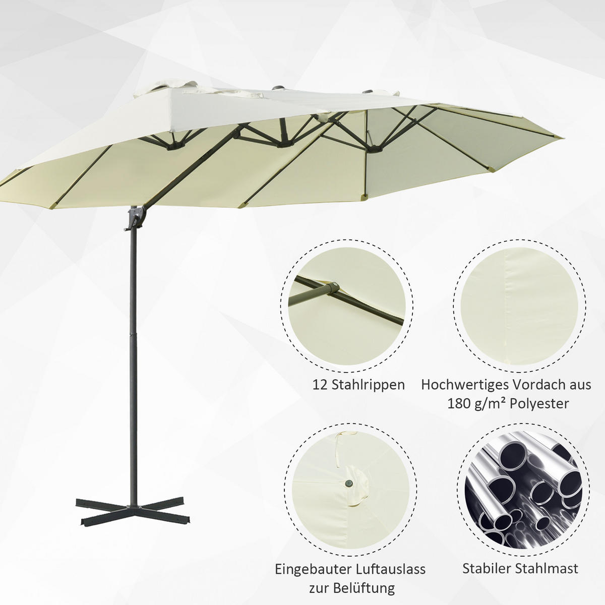 DOPPELSONNENSCHIRM, Ampelschirm mit Kurbel, Verstellbarer Gartenschirm, Metall, Cremeweiß - Beige, Metall (270/460cm) - Outsunny