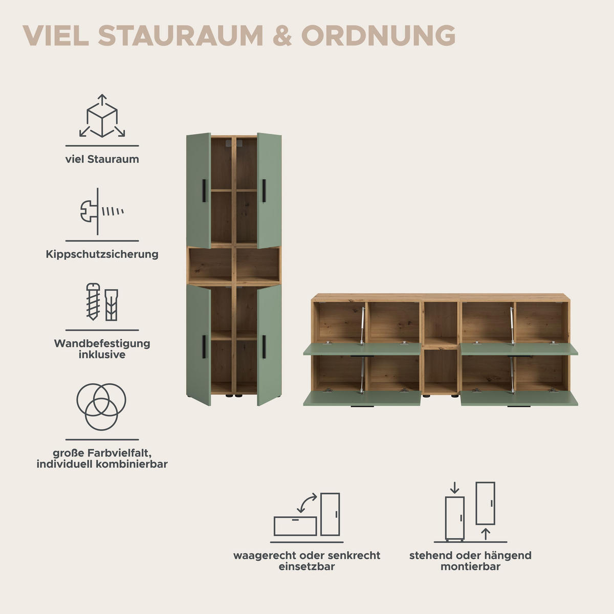 WOHNKOMBINATION THE ONE (B/H/T: ca. 259/182/34 cm) in Artisan Oak Nachbildung/Smoke Green - Eiche Artisan, Holzwerkstoff (259/182/34cm)