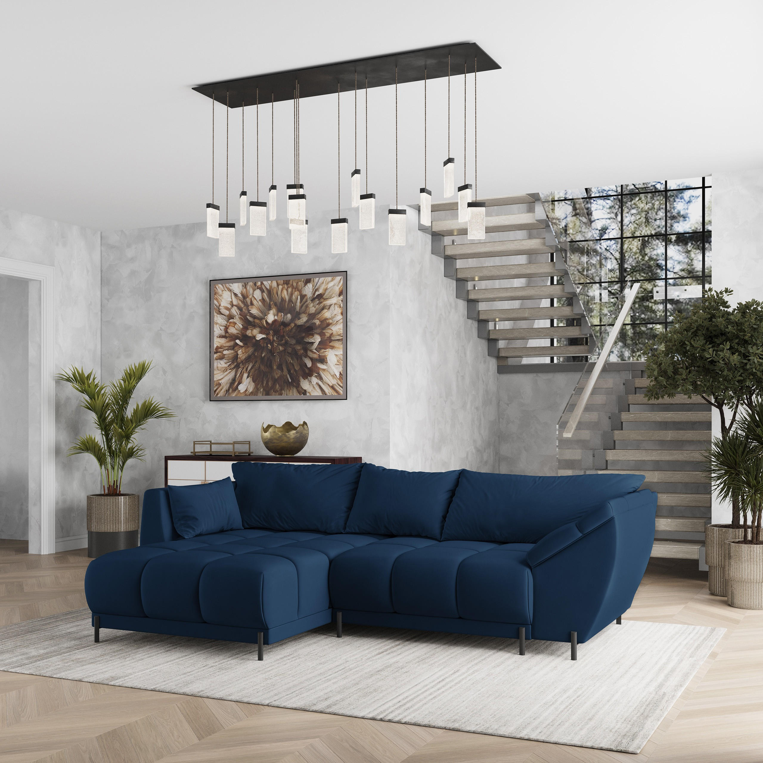 ECKSOFA VESTANO L-S Blau Velours-Stoff mit Schlaffunktion - Blau, Holz (287/182cm) - MASSENO