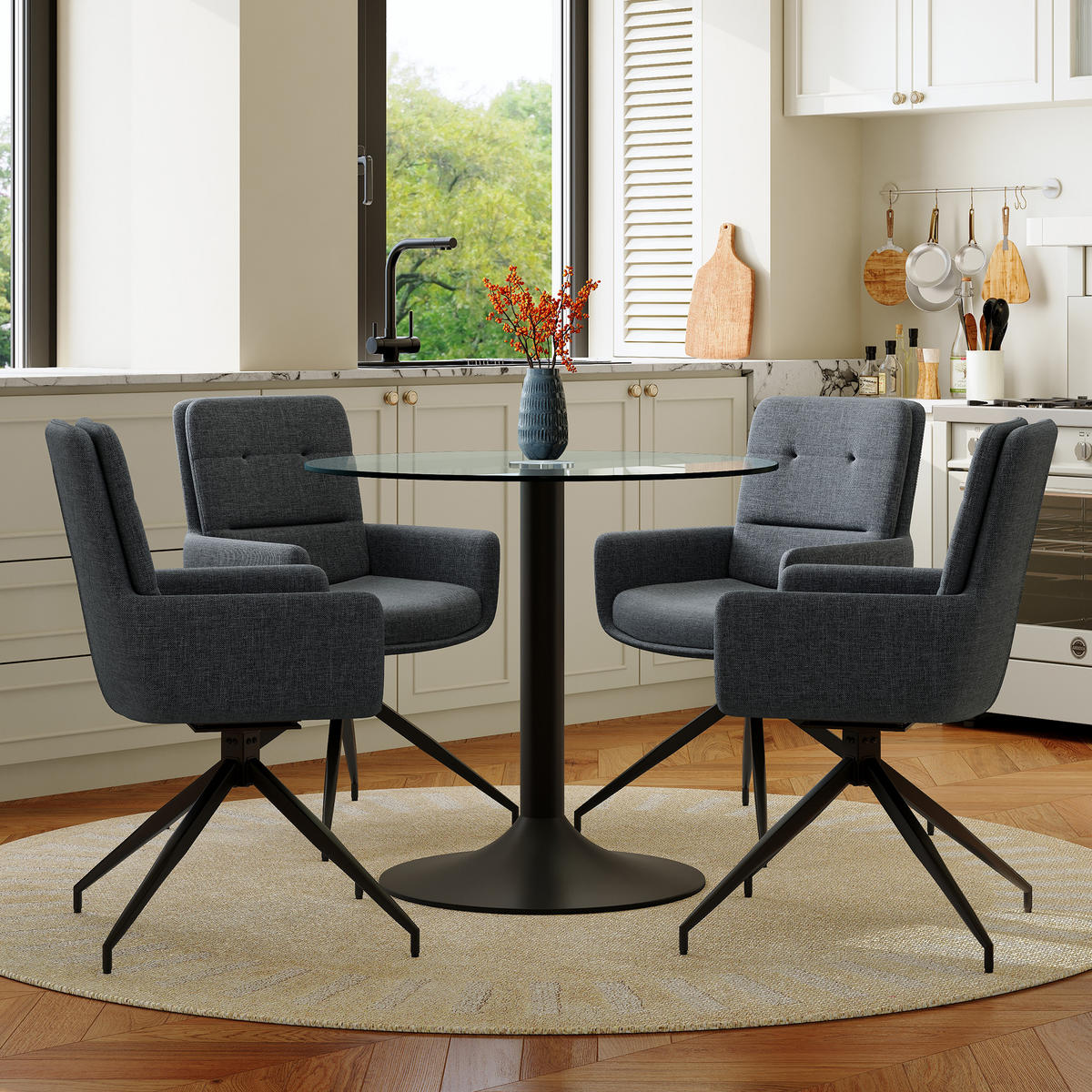 ESSGRUPPE DE-39489 5-teilig, Glastisch und 4 Drehstühlen mit Stoffbezug Dunkelgrau - Dunkelgrau, Metall (85/75/85cm) - ComfortXL
