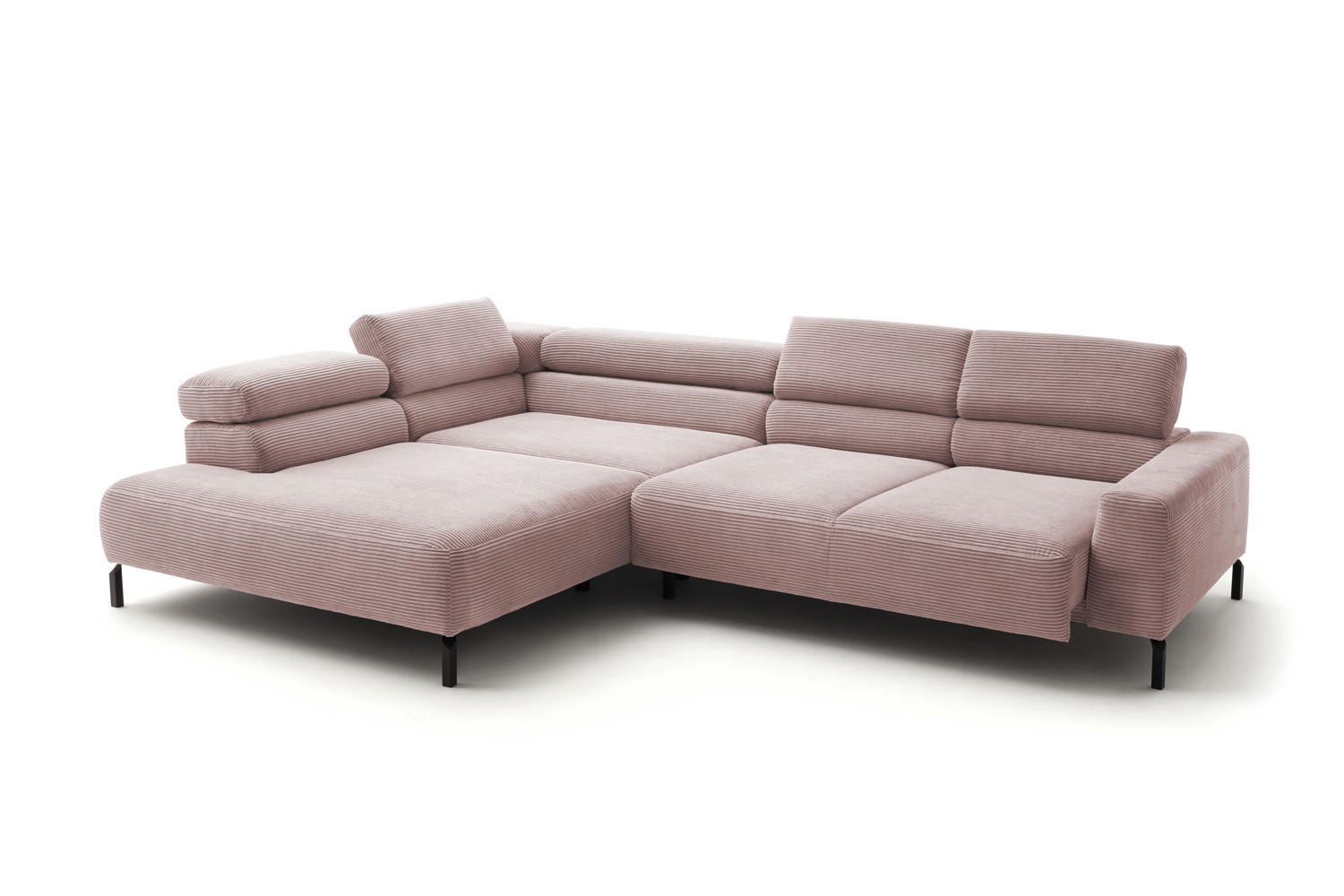 ECKSOFA DELIA Pink Cord Relaxfunktion - Pink/Schwarz, Textil/Metall (276/219cm) - KAWOLA
