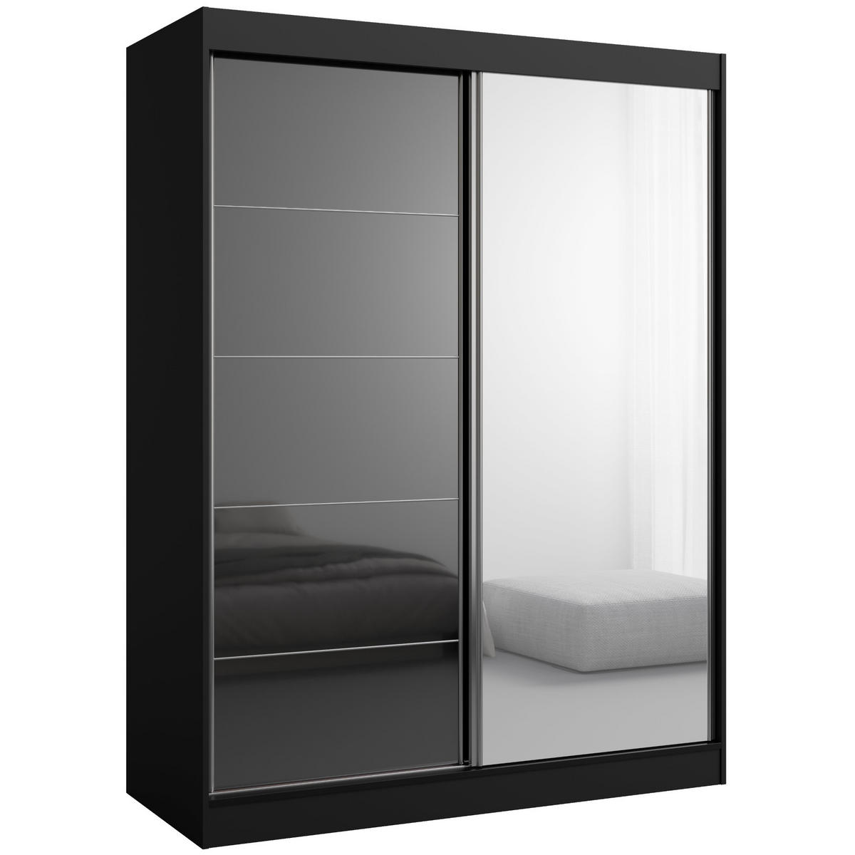 SCHIEBETÜRENSCHRANK mit Spiegel Como 2D1L 150 Schwarz (lacobel) - Silberfarben/Schwarz, Holzwerkstoff/Metall (150/201/65cm) - mzm24