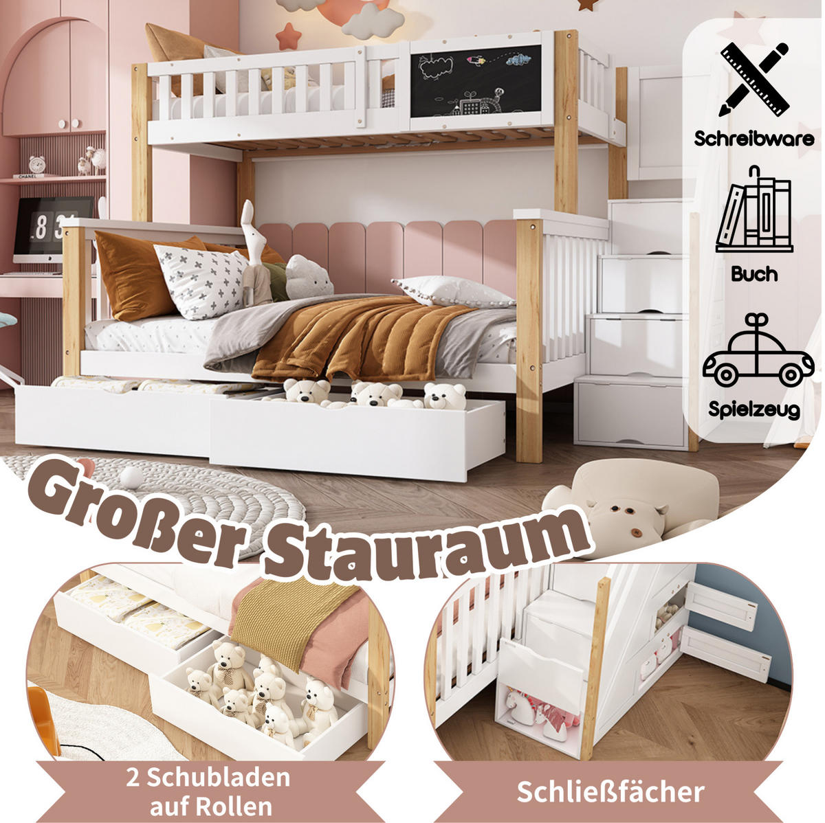 ETAGENBETT 90/200 + 140/200 cm mit Tafel und Stauraum in Weiß/Eiche - Weiß, Holz - BEAOK
