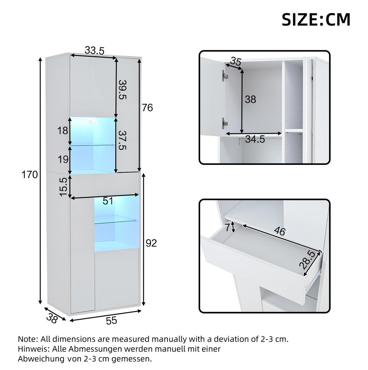 VITRINE 55/38/170 cm aus Spanplatte mit LED-Beleuchtung und Hochglanzfront Weiß - Weiß, Holzwerkstoff (55/170/38cm) - Modenvie