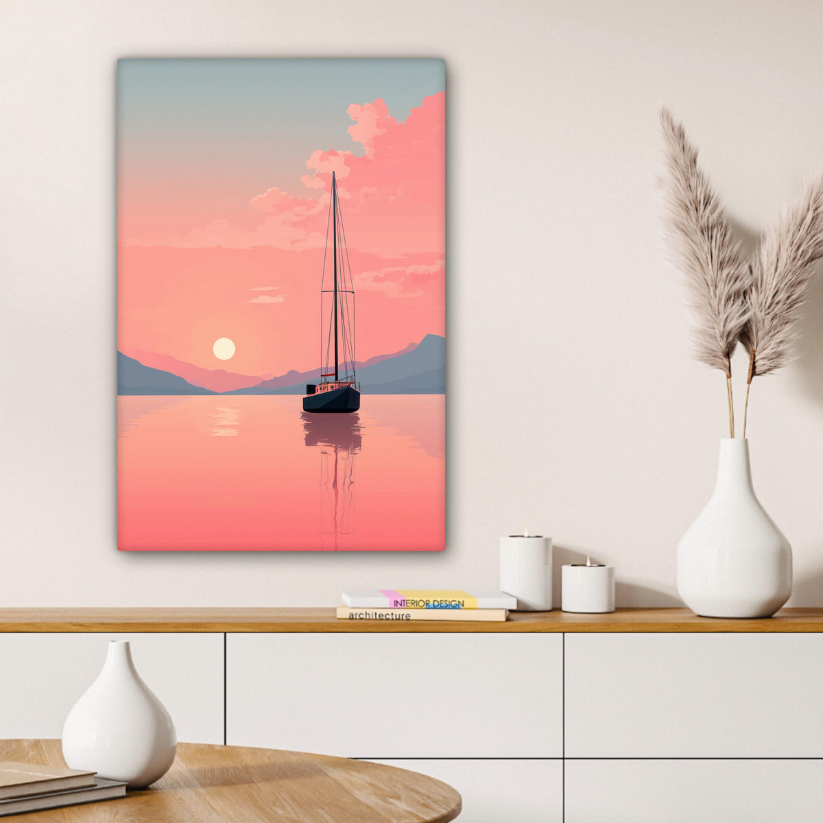 LEINWANDBILD Segelboot - Rosa Meer - Sonnenuntergang - Berge Wanddeko Schlafzimmer 60x90 cm - Rosa, Textil (60/90cm) - MuchoWow