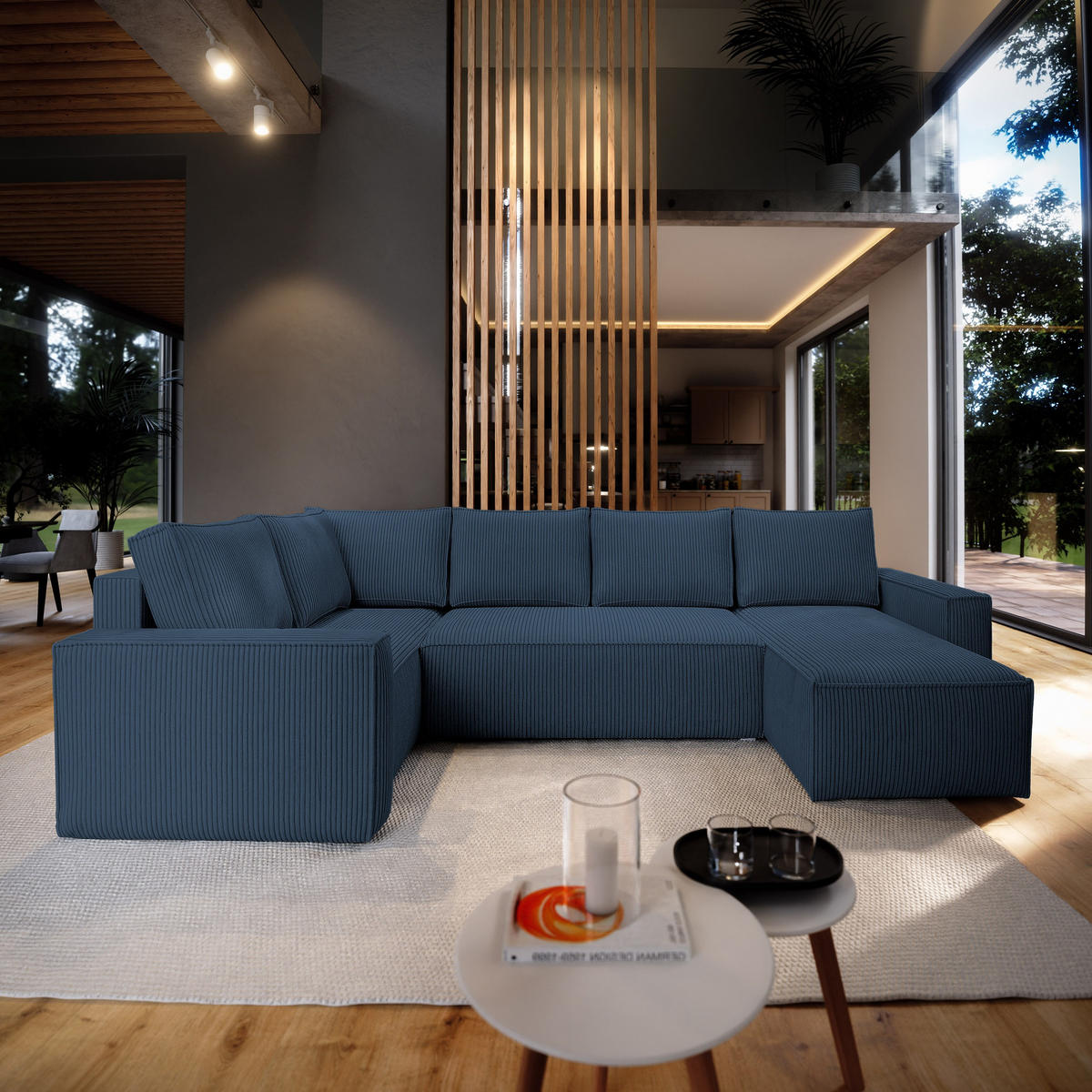 ROHOVÁ SEDAČKA NORENA modrá - šedá/modrá, dřevo/textil (295/157.5cm) - MASSENO