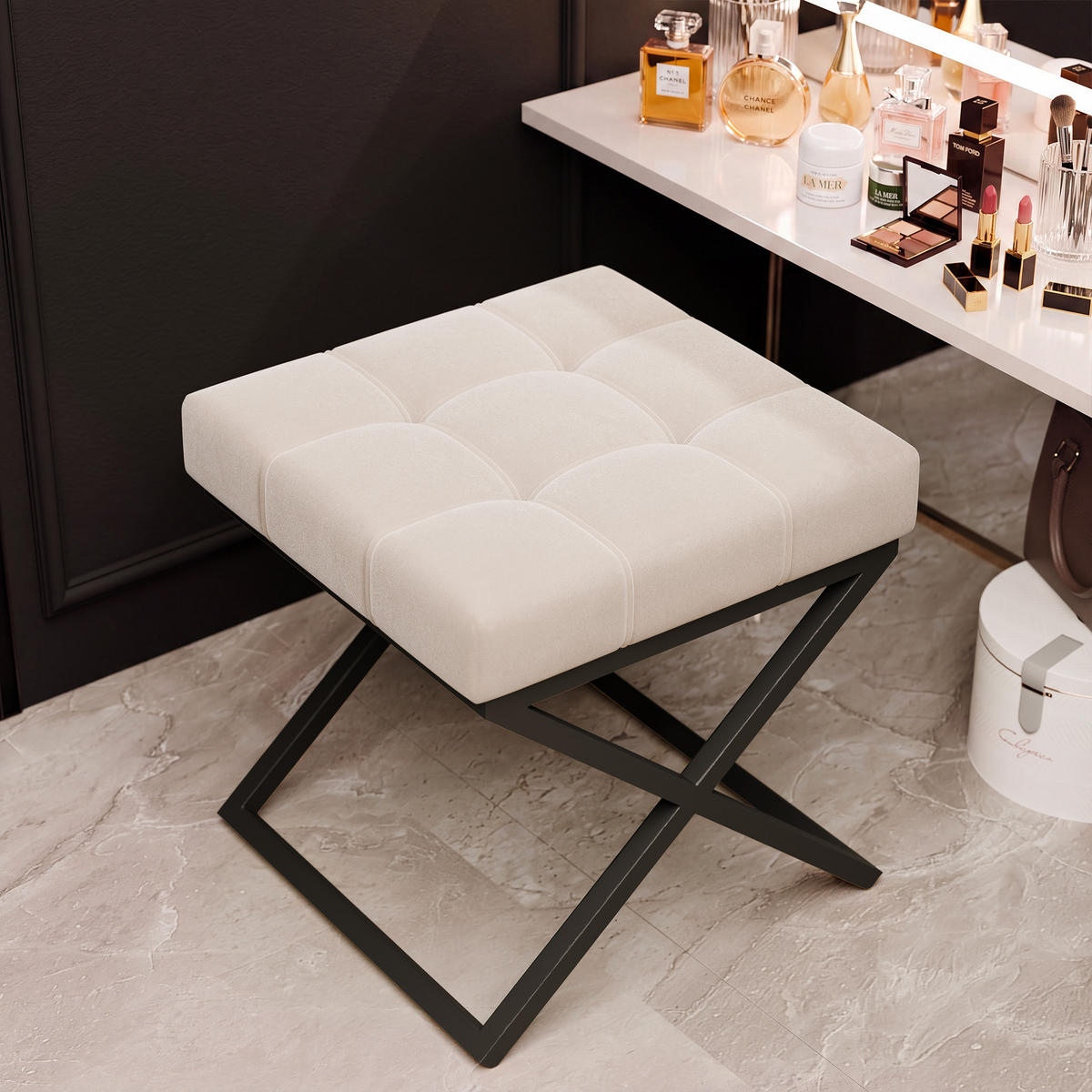 HOCKER LIND 45/45/45 cm, Schwarz / Beige - Beige/Schwarz, Textil/Metall (45/45/45cm) - Idohome