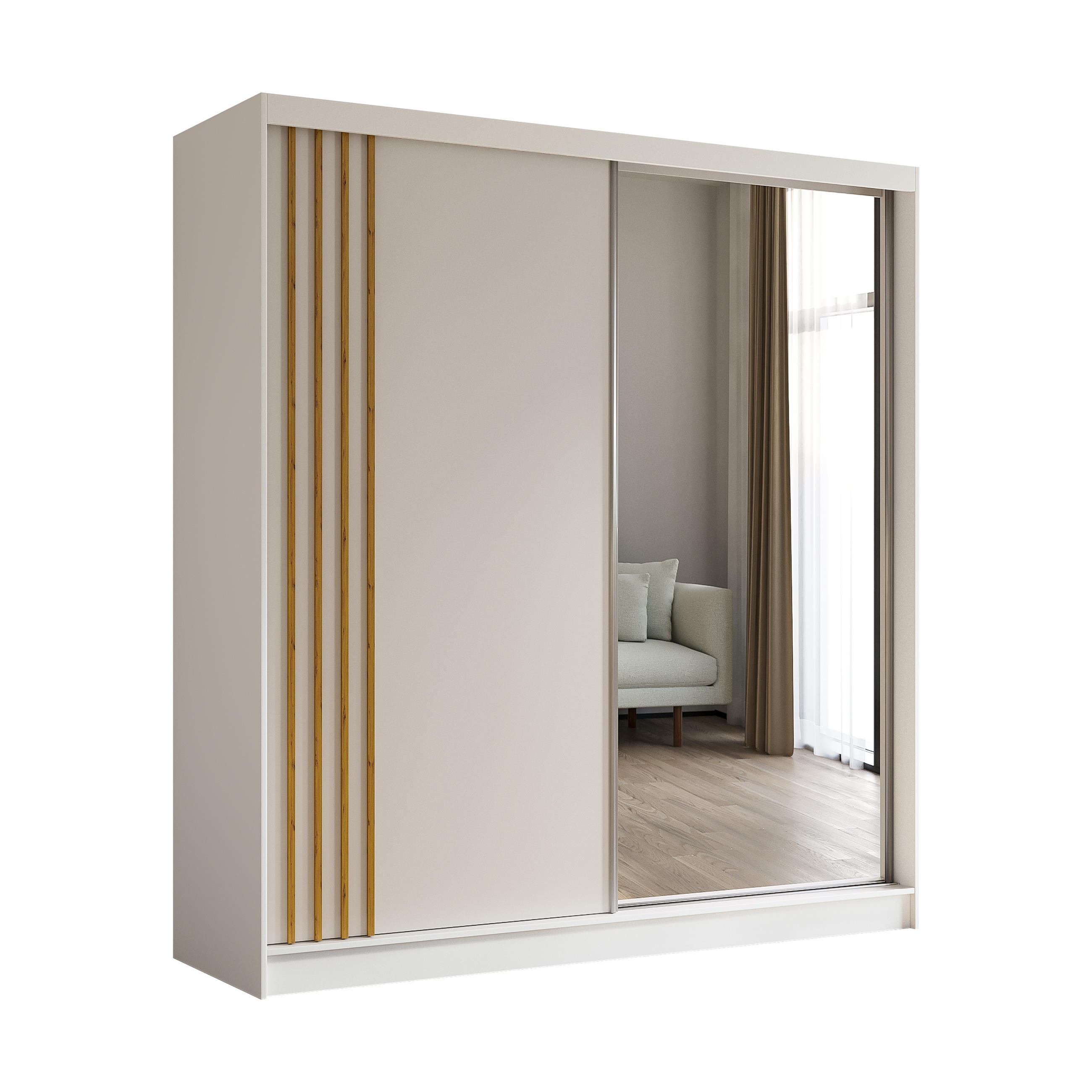 KLEIDERSCHRANK mit Spiegel-Schiebetüren und Aluminium-Leisten - NALLA - 200 cm Weiß+Weiß+Artisan - Weiß/Eiche Artisan, Holzwerkstoff (200/216/61cm) - ALTDECOR