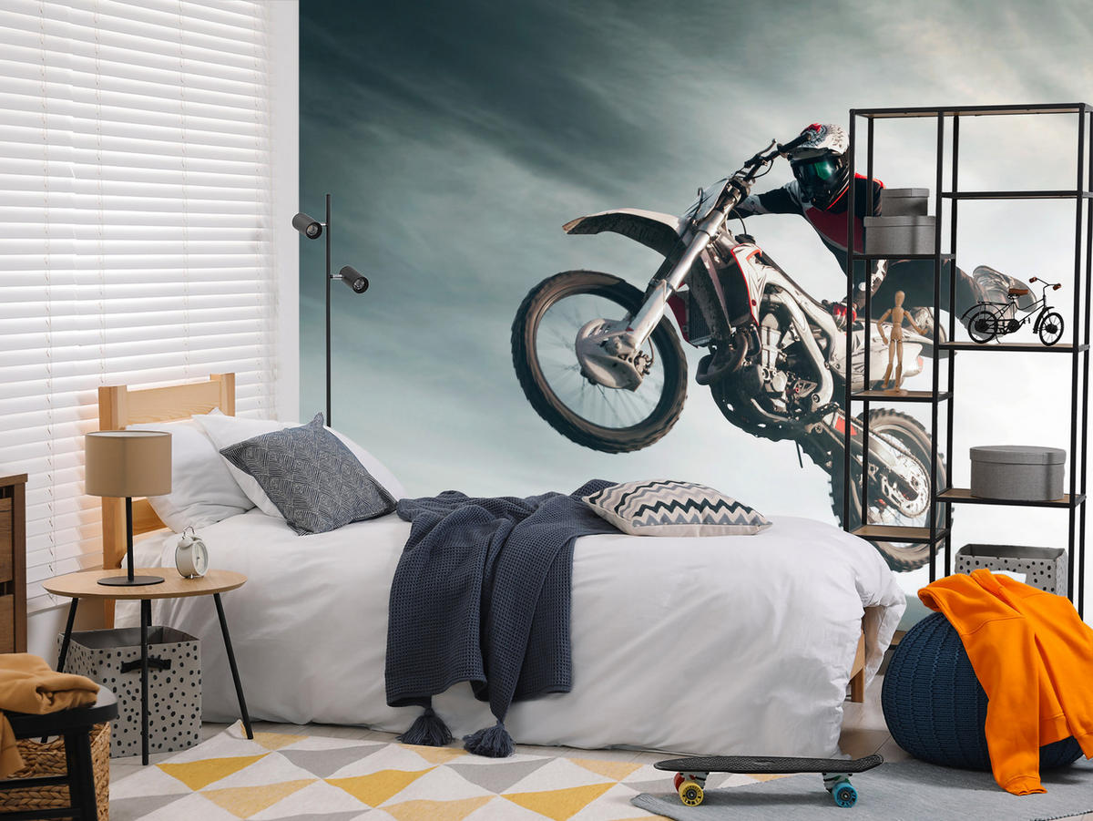 FOTOTAPETE für Jugendzimmer Motocross Sprung Mann Sport Berge Action 100x70 - Grau, Papier (100/70cm) - Muralo