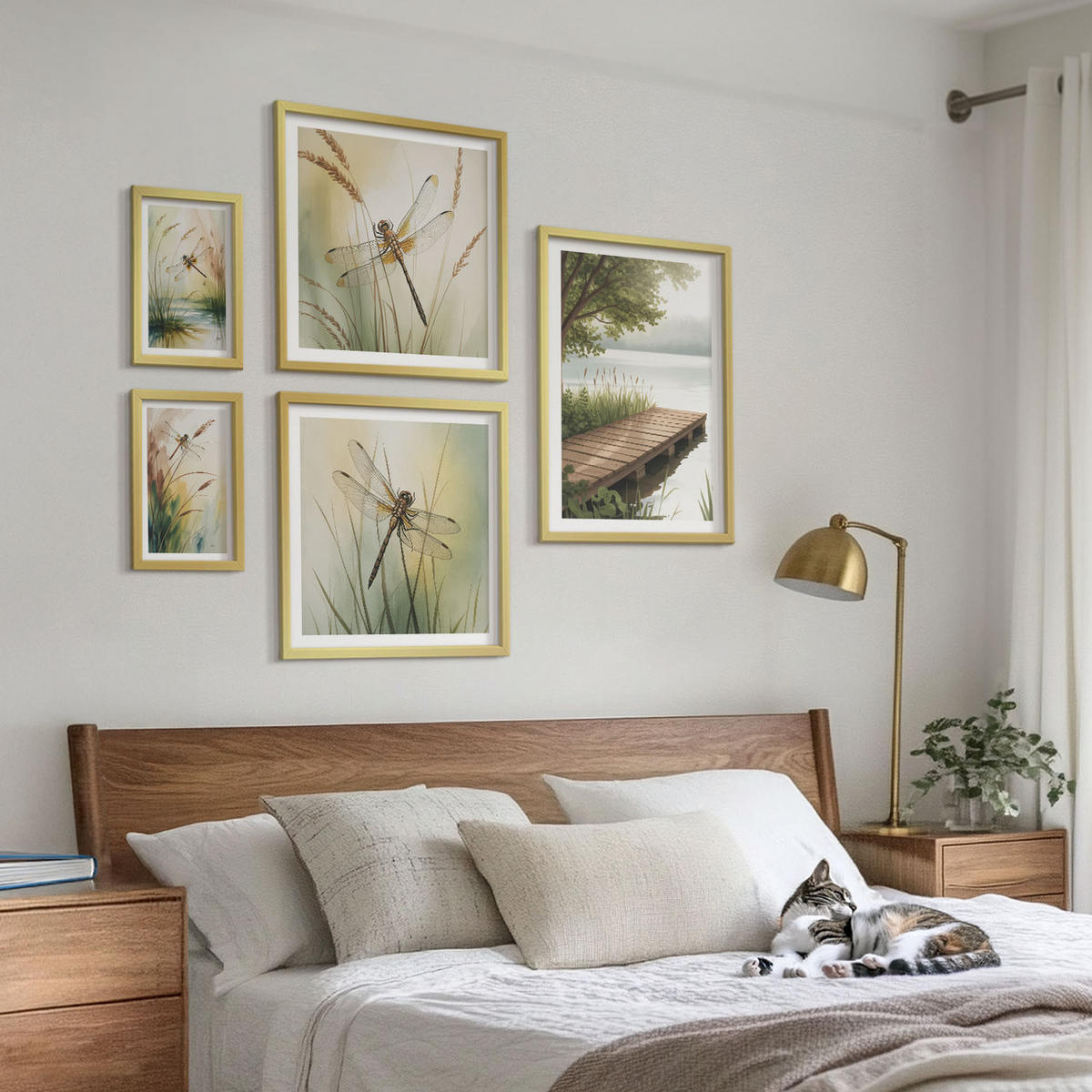 BILDER SET 5er Set - 50x50 cm & 20x30 cm & 40x60 cm Goldrahmen - Libellengräser über dem Wasser - Goldfarben, Kunststoff (40/60cm) - TULUP