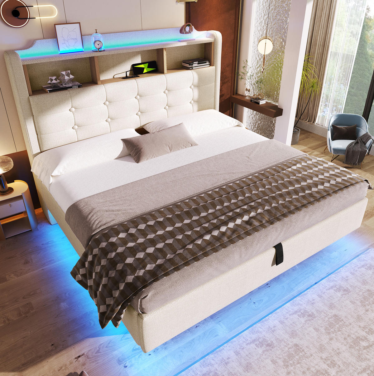 POLSTERBETT aus Leinen und MDF 140x200 cm Beige mit LED-Beleuchtung, Stauraum und USB-/Typ-C-Anschlüssen - Beige, Textil (140/200cm) - IVMEU